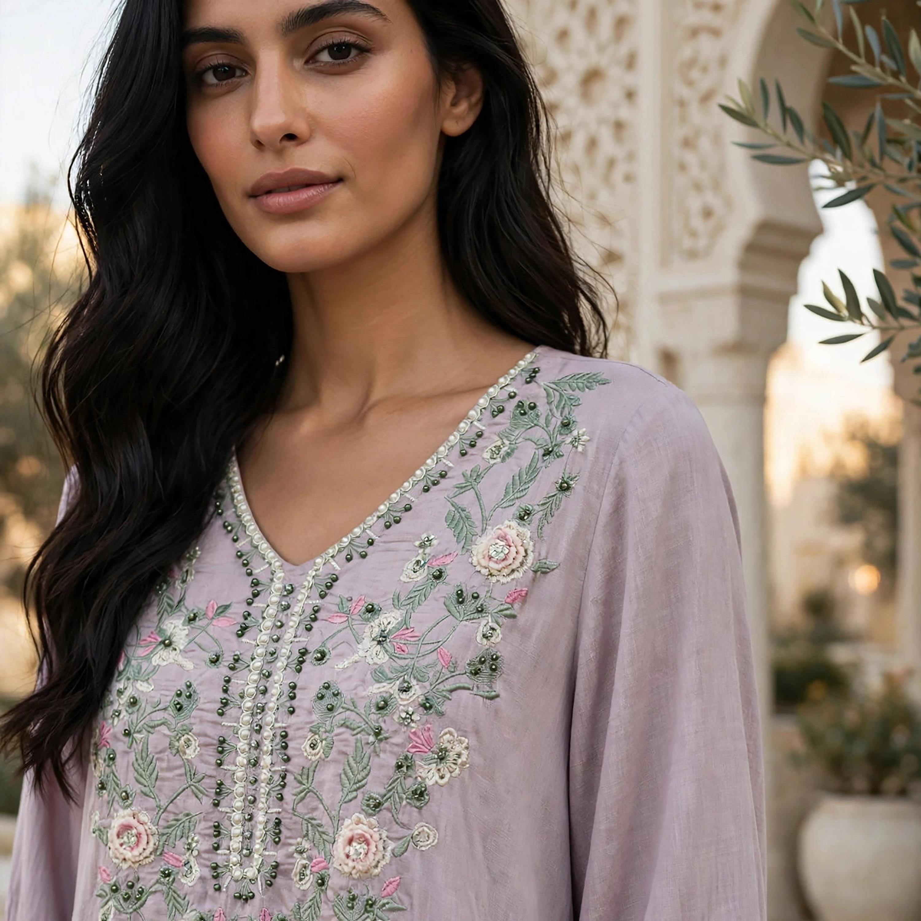 IKKXA Floral Embroidered Scallop Cuffed Women's Flowing Jalabiya-women-arabicclothing-jalabiyas-image-2
