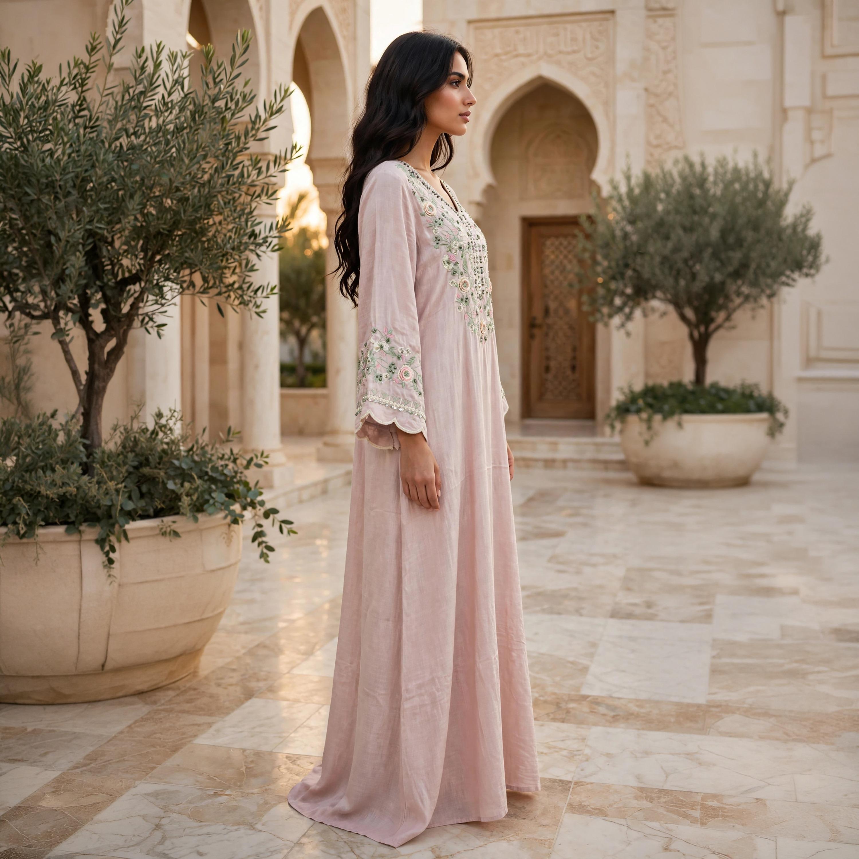 IKKXA Floral Embroidered Scallop Cuffed Women's Flowing Jalabiya-women-arabicclothing-jalabiyas-image-3