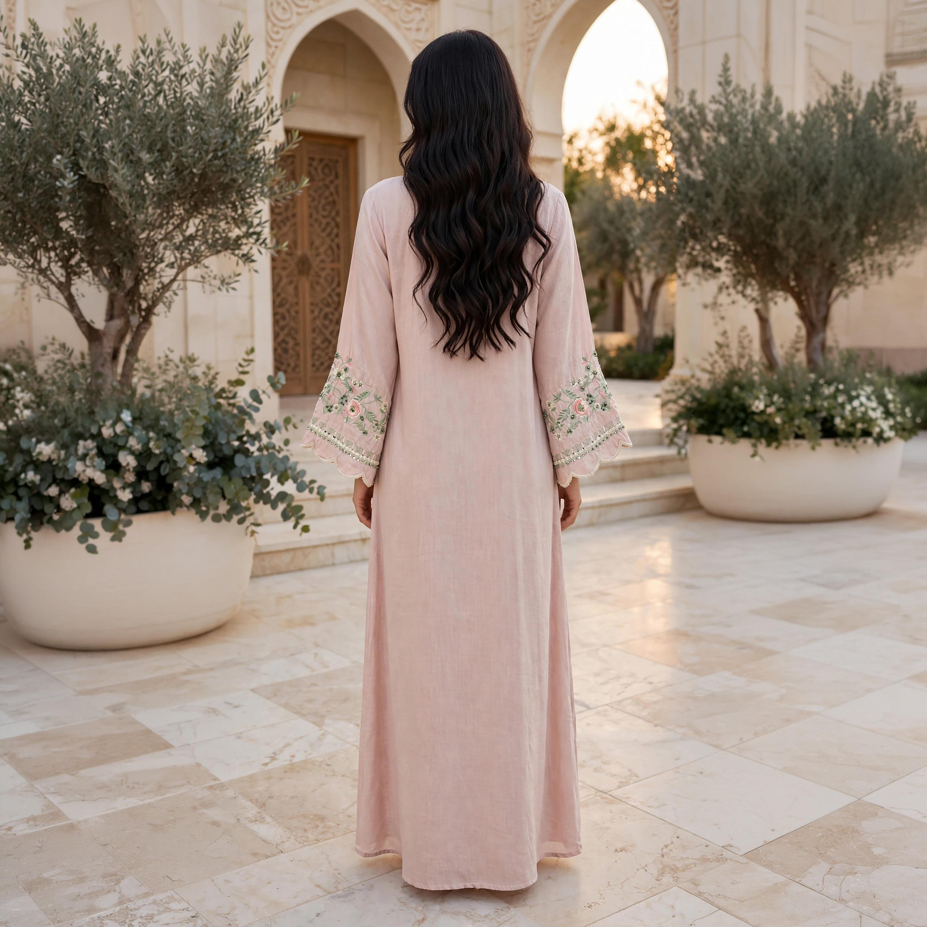 IKKXA Floral Embroidered Scallop Cuffed Women's Flowing Jalabiya-women-arabicclothing-jalabiyas-image-4