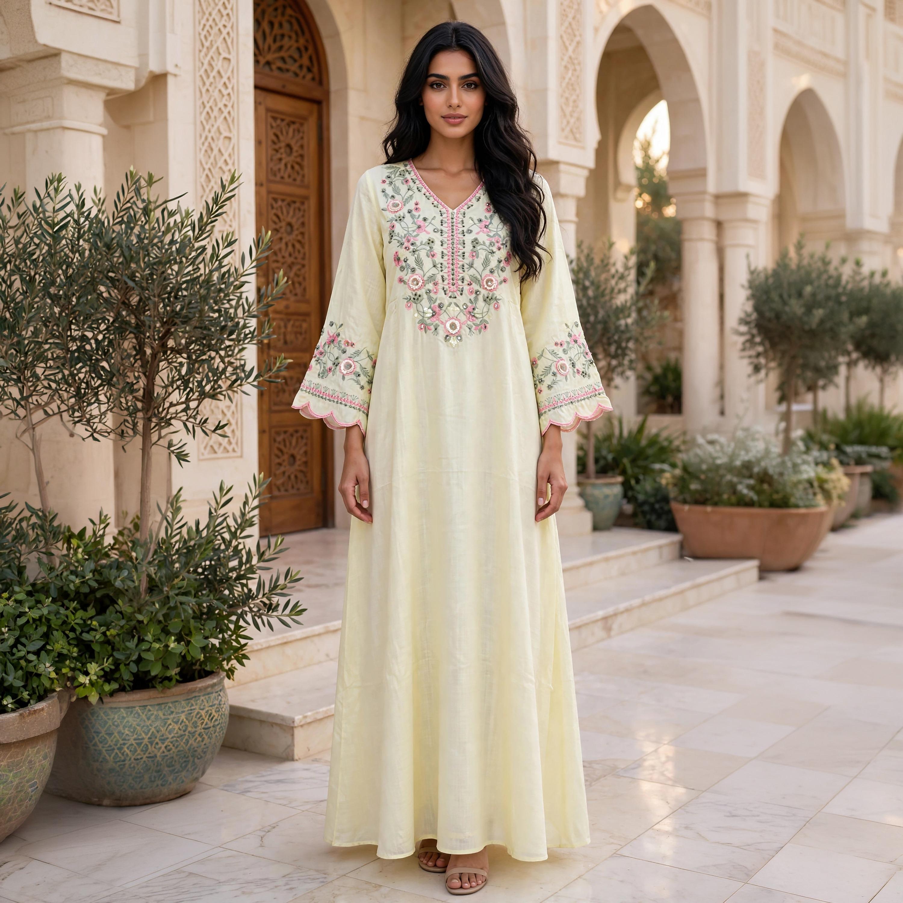 جلابية حريمي انسيابية بتطريز زهور وأساور متموجة من إككسا-women-arabicclothing-jalabiyas-image-9