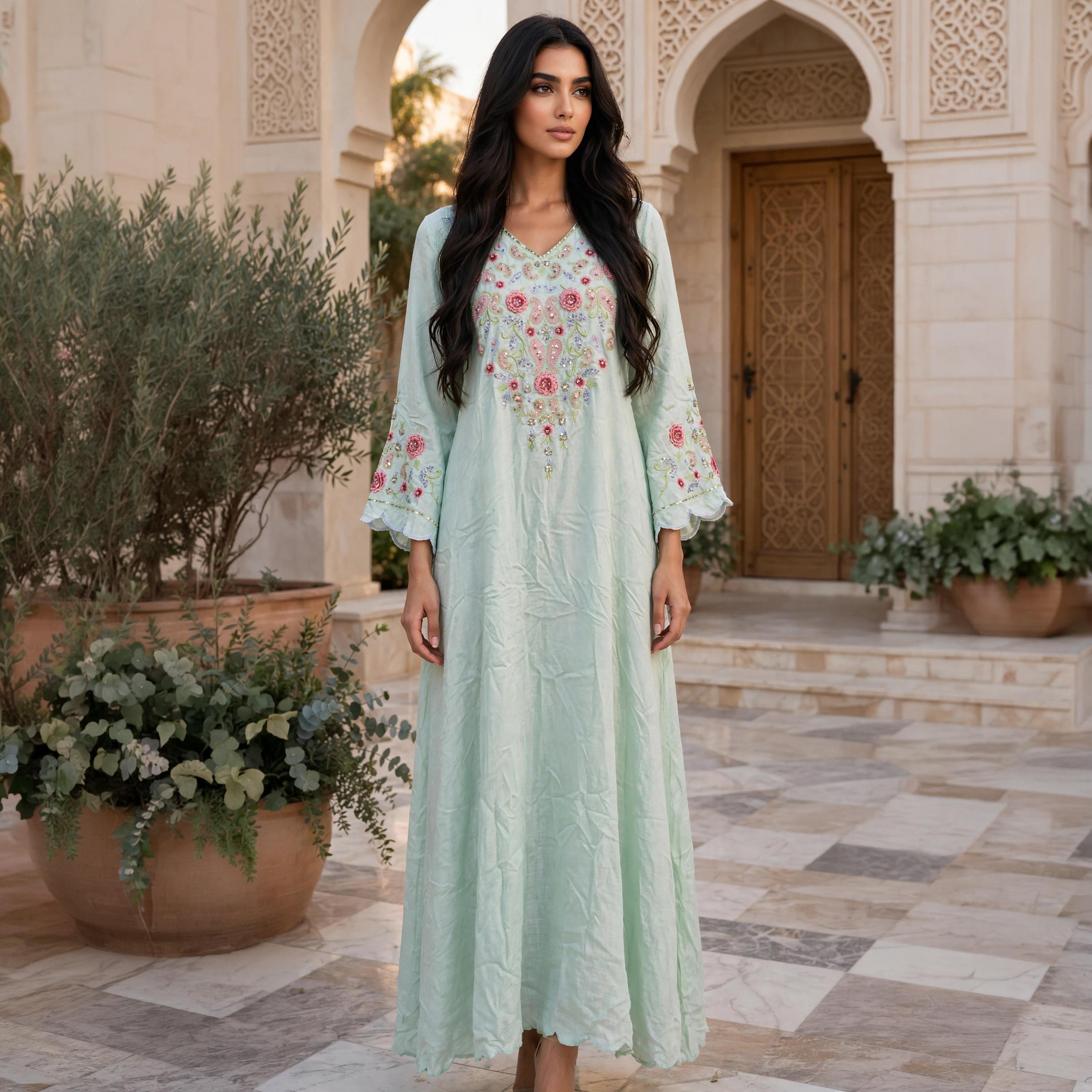 IKKXA Paisley Floral Embroidered Scallop Cuffed Women's Flowing Jalabiya-women-arabicclothing-jalabiyas-image-1