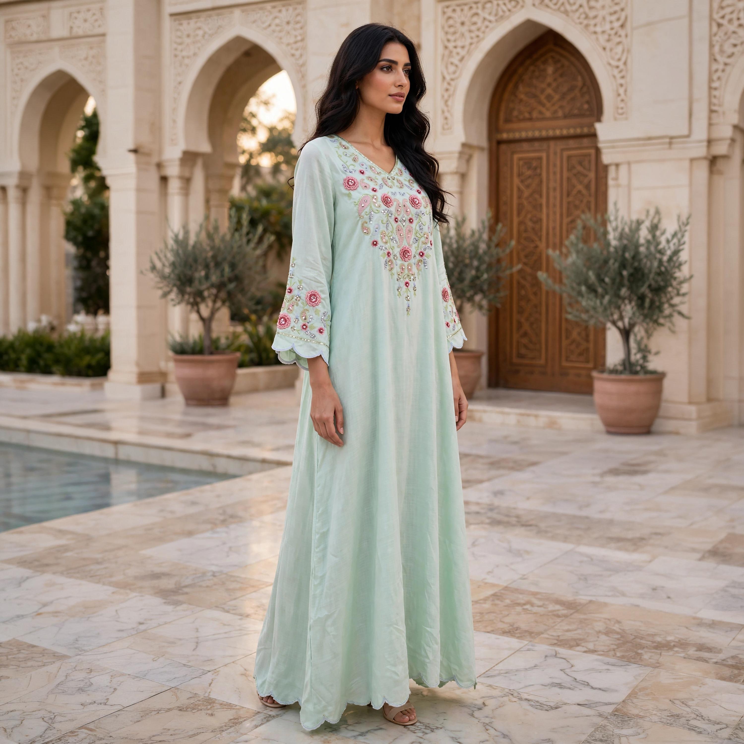 IKKXA Paisley Floral Embroidered Scallop Cuffed Women's Flowing Jalabiya-women-arabicclothing-jalabiyas-image-3