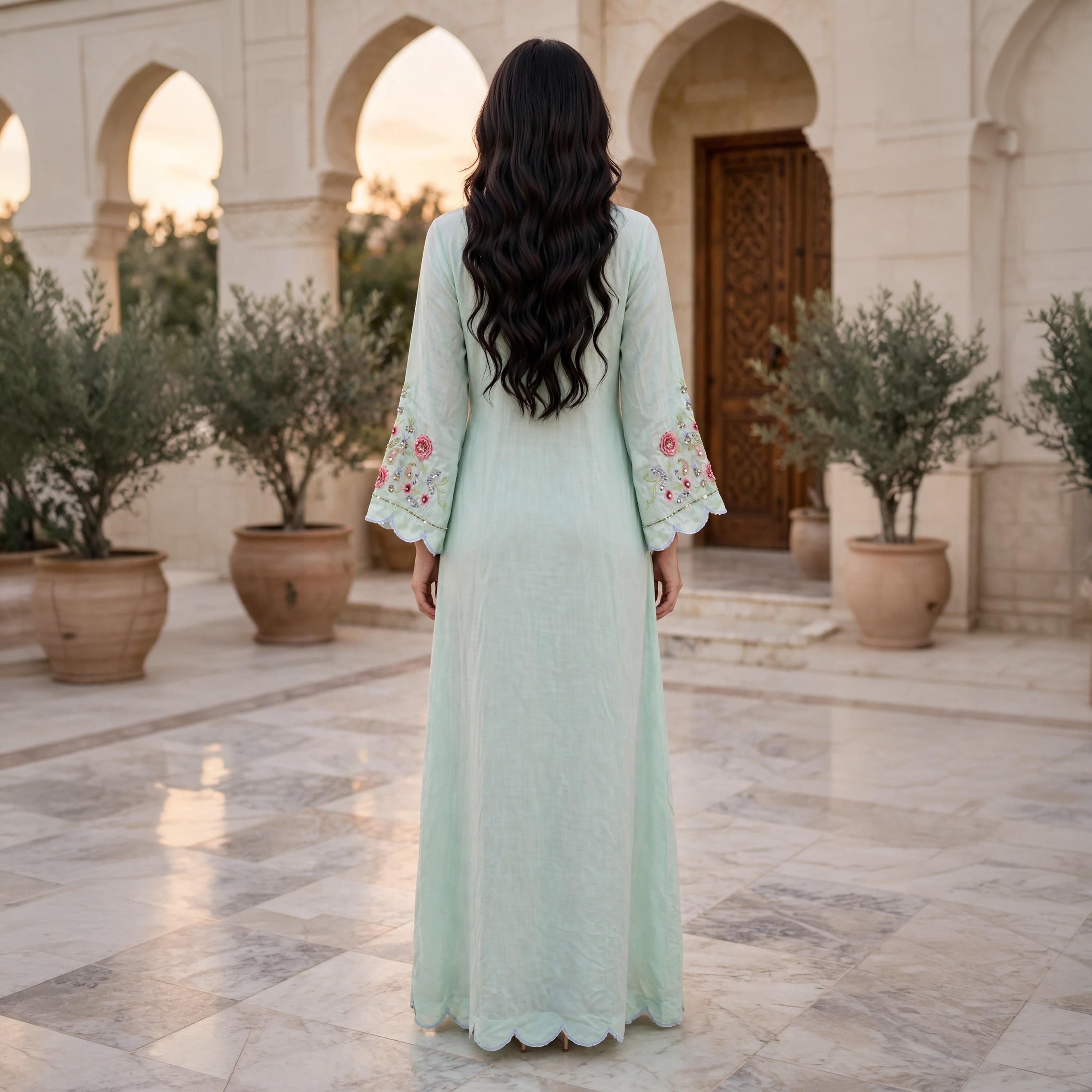 جلابية حريمي انسيابية بتطريز زهور ونقشة البيزلي وأساور متموجة من إككسا-women-arabicclothing-jalabiyas-image-4