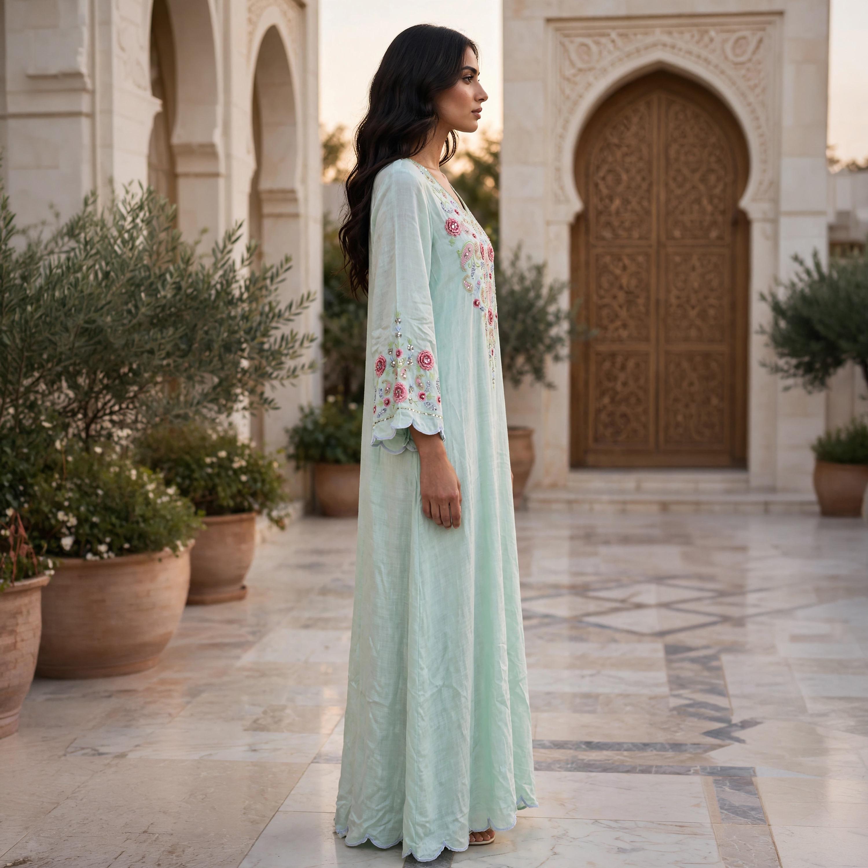جلابية حريمي انسيابية بتطريز زهور ونقشة البيزلي وأساور متموجة من إككسا-women-arabicclothing-jalabiyas-image-5
