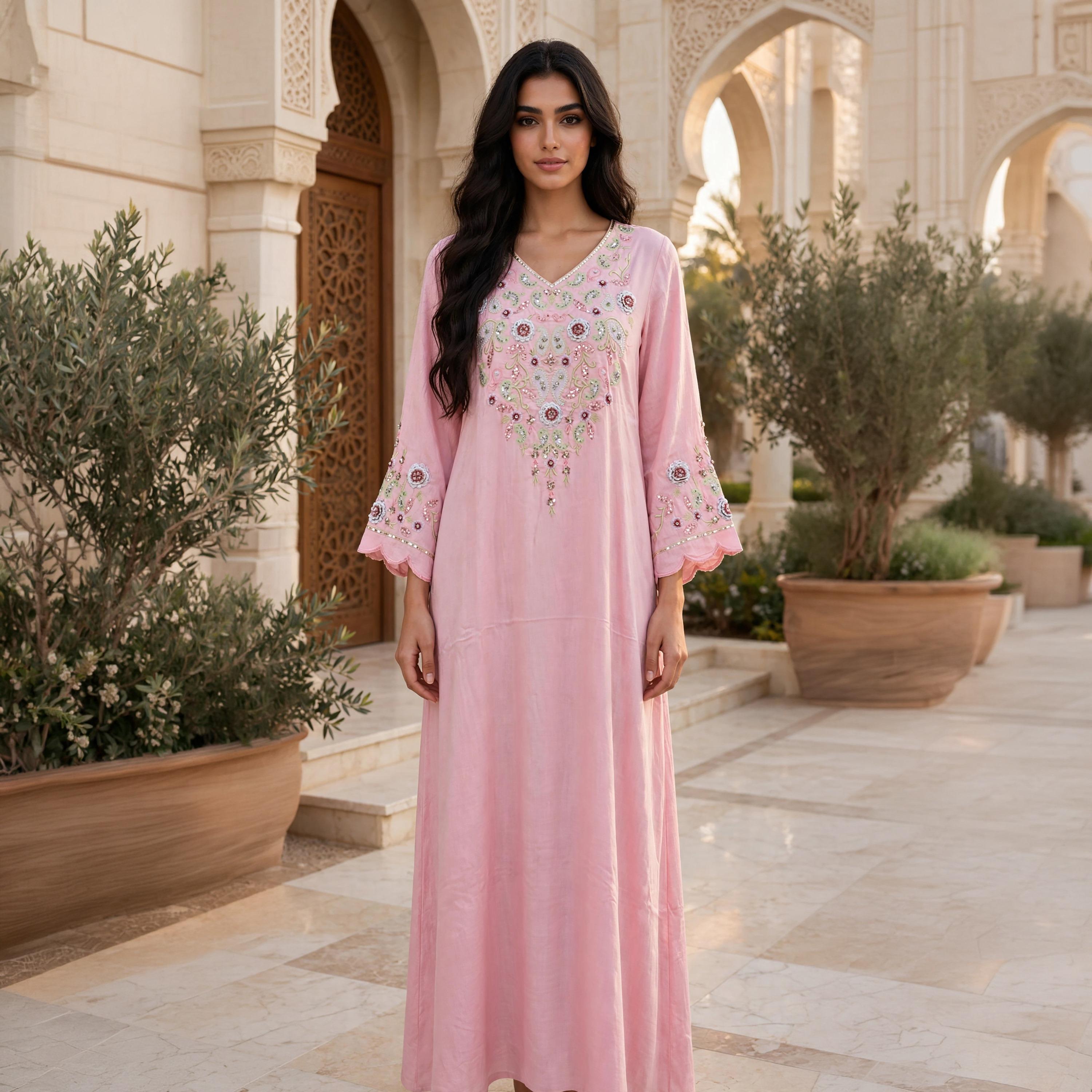 IKKXA Paisley Floral Embroidered Scallop Cuffed Women's Flowing Jalabiya-women-arabicclothing-jalabiyas-image-1
