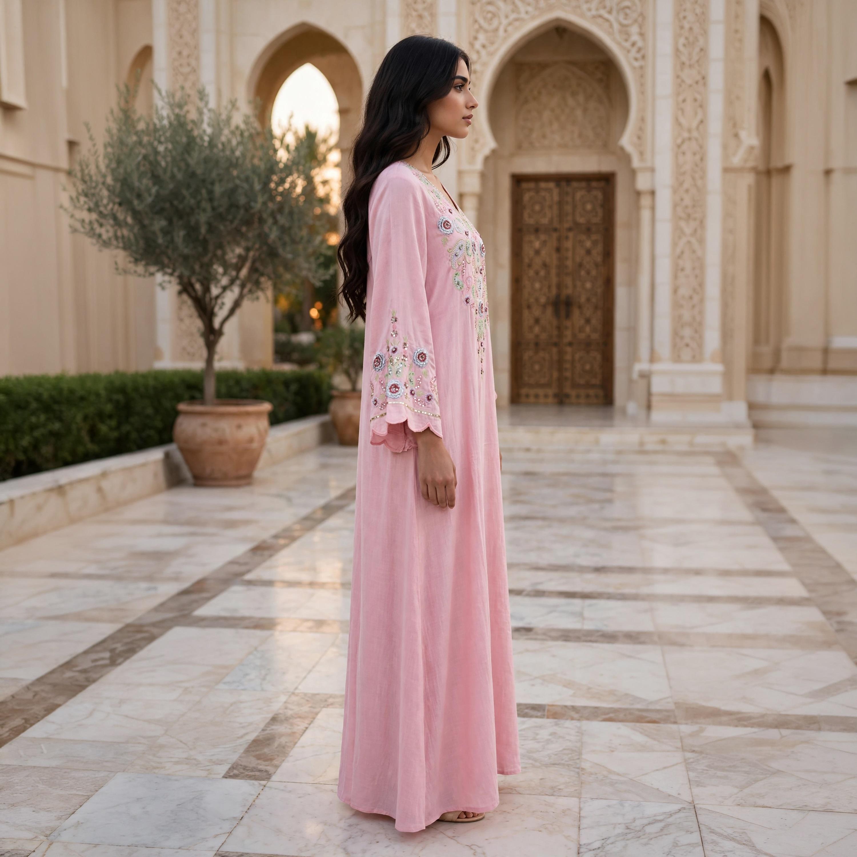 IKKXA Paisley Floral Embroidered Scallop Cuffed Women's Flowing Jalabiya-women-arabicclothing-jalabiyas-image-3