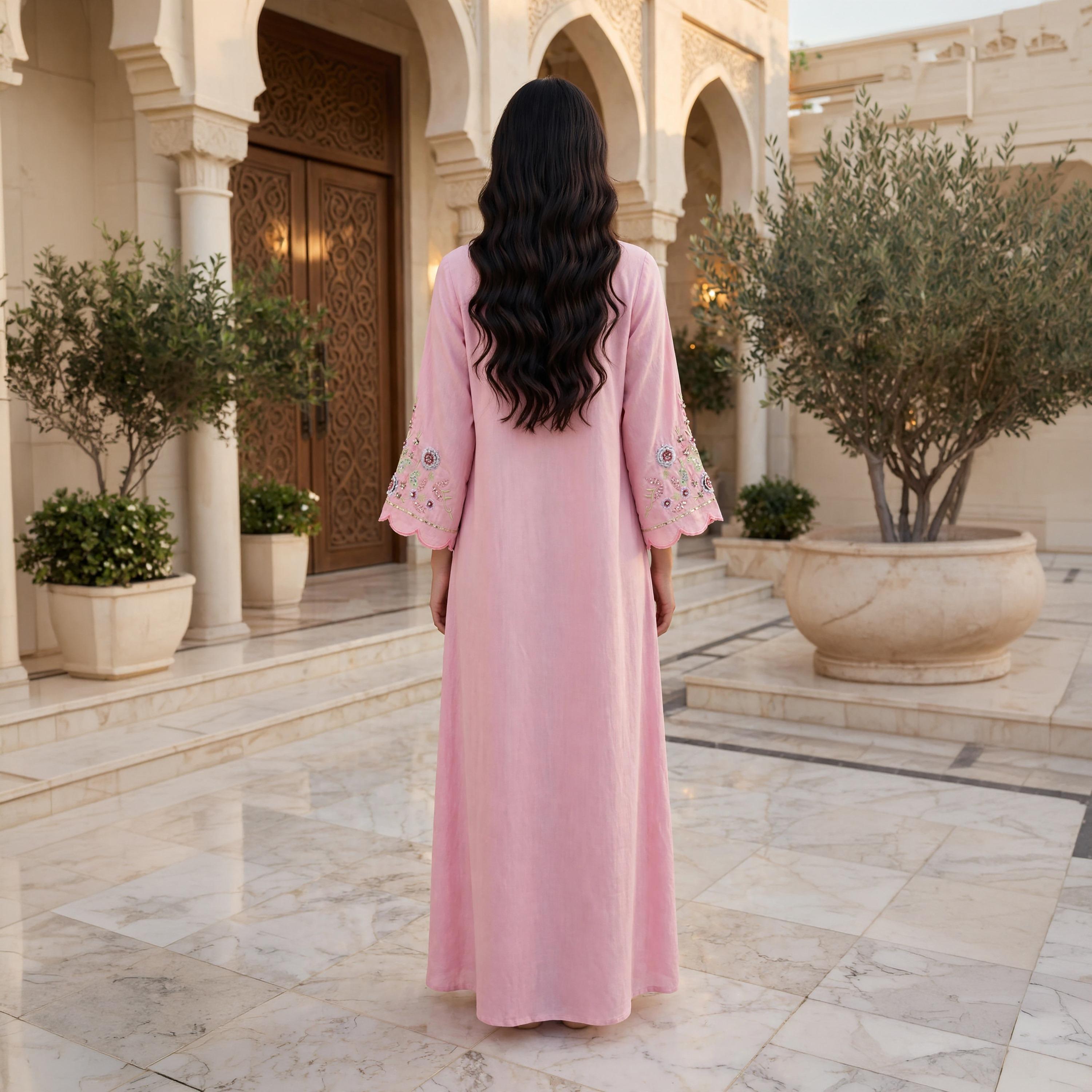 IKKXA Paisley Floral Embroidered Scallop Cuffed Women's Flowing Jalabiya-women-arabicclothing-jalabiyas-image-4