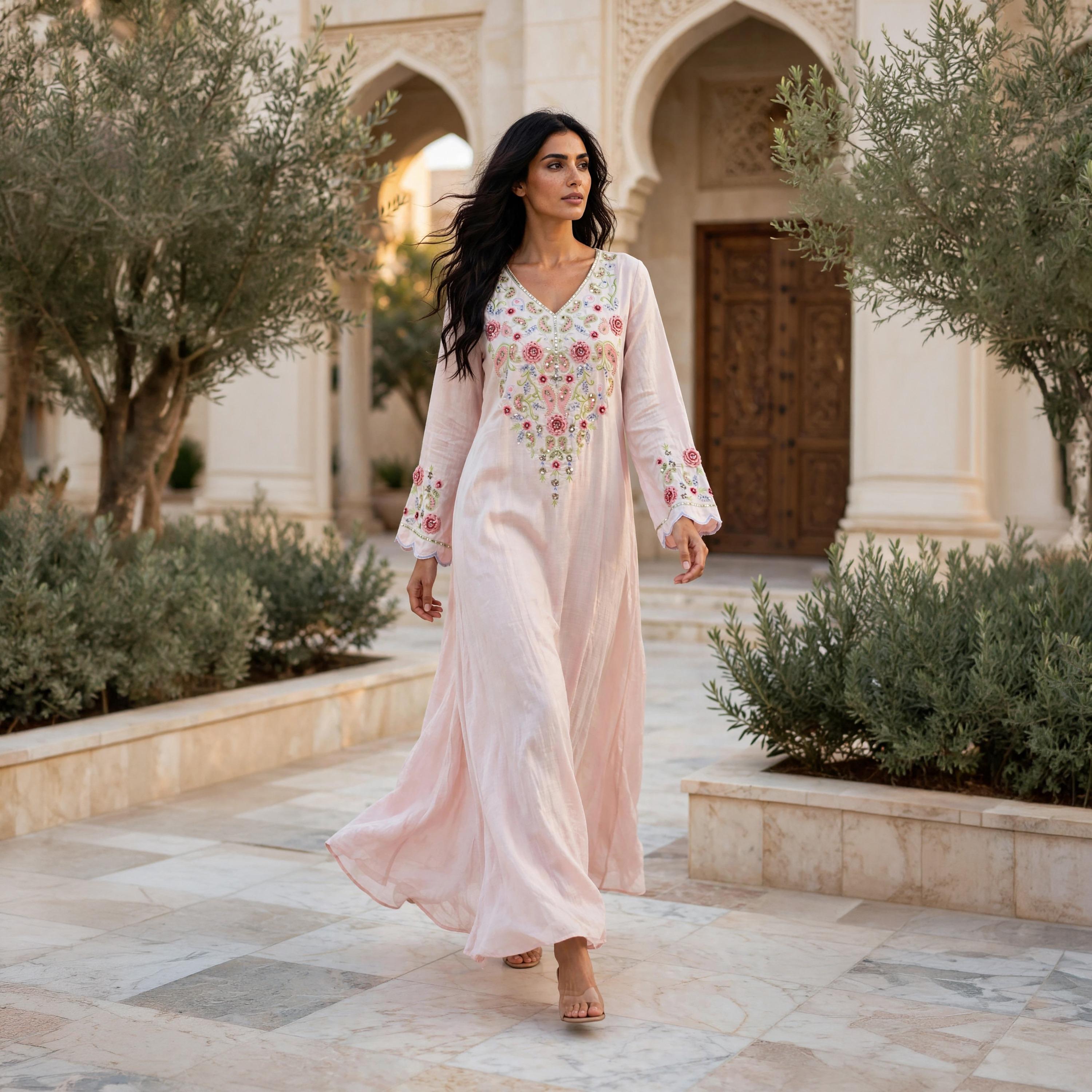 IKKXA Paisley Floral Embroidered Scallop Cuffed Women's Flowing Jalabiya-women-arabicclothing-jalabiyas-image-1