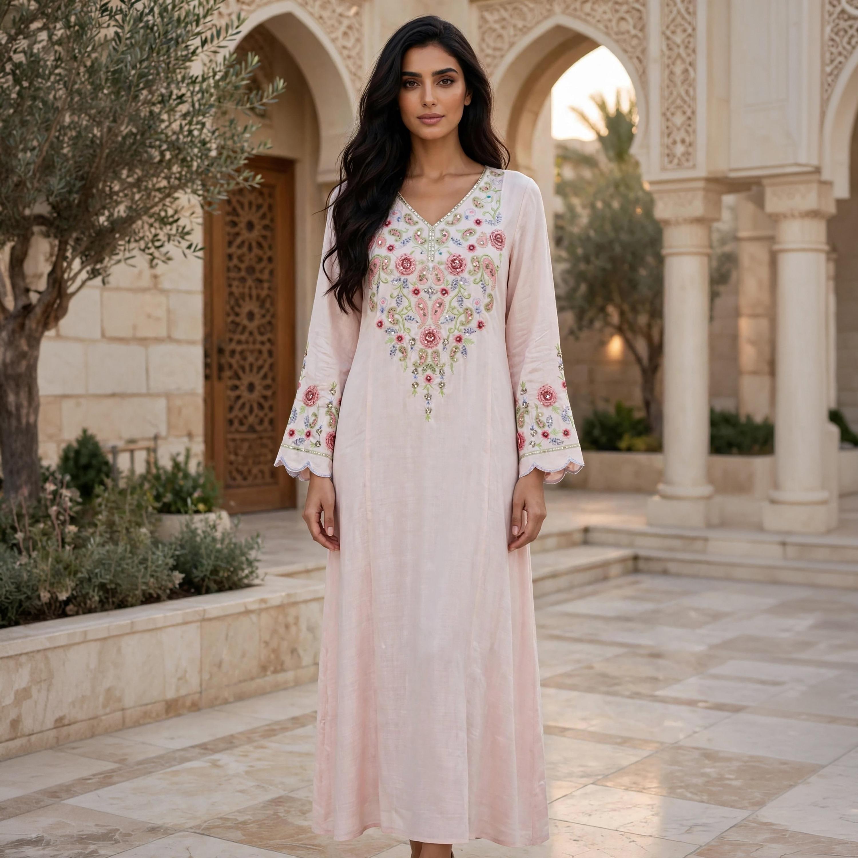 IKKXA Paisley Floral Embroidered Scallop Cuffed Women's Flowing Jalabiya-women-arabicclothing-jalabiyas-image-3