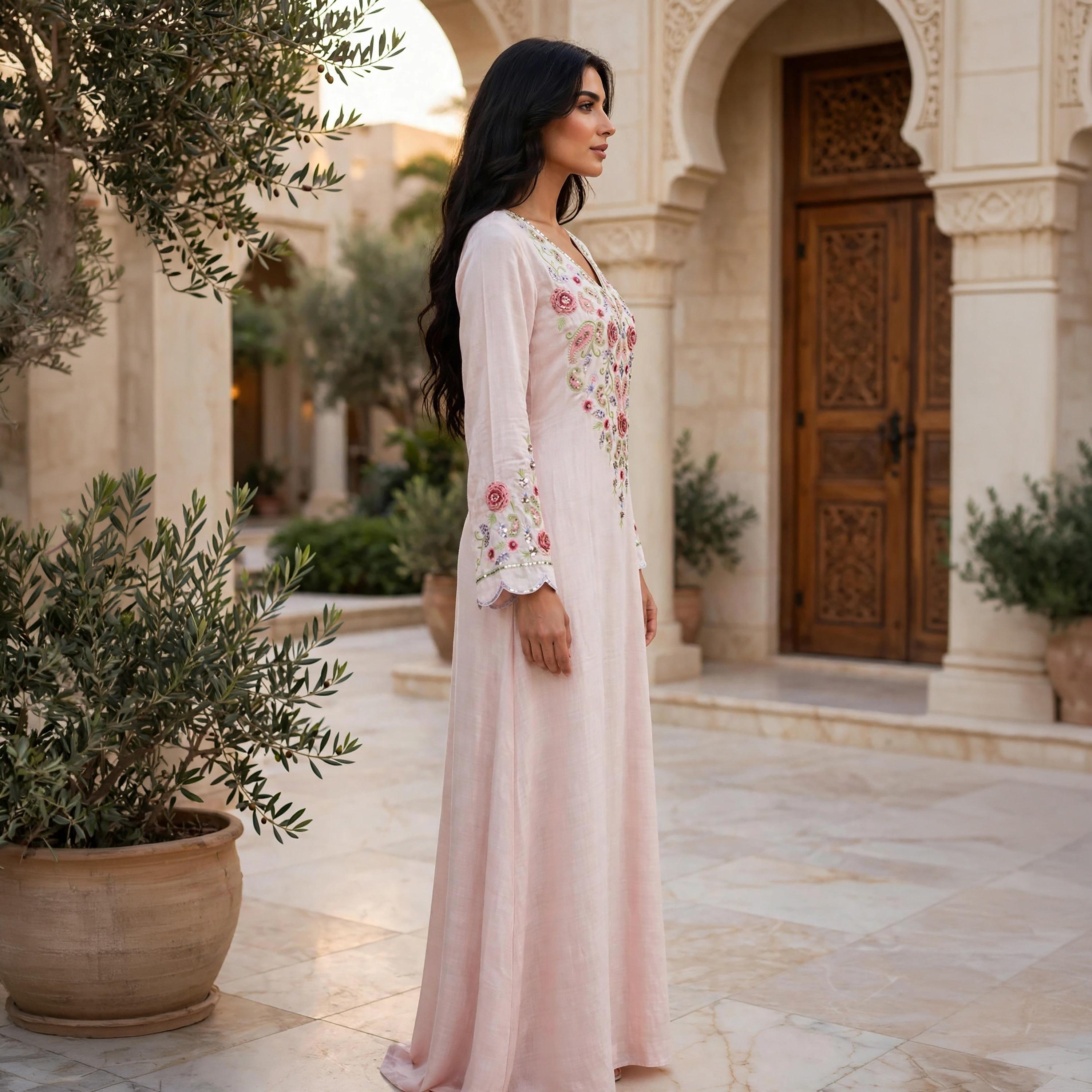 جلابية حريمي انسيابية بتطريز زهور ونقشة البيزلي وأساور متموجة من إككسا-women-arabicclothing-jalabiyas-image-14