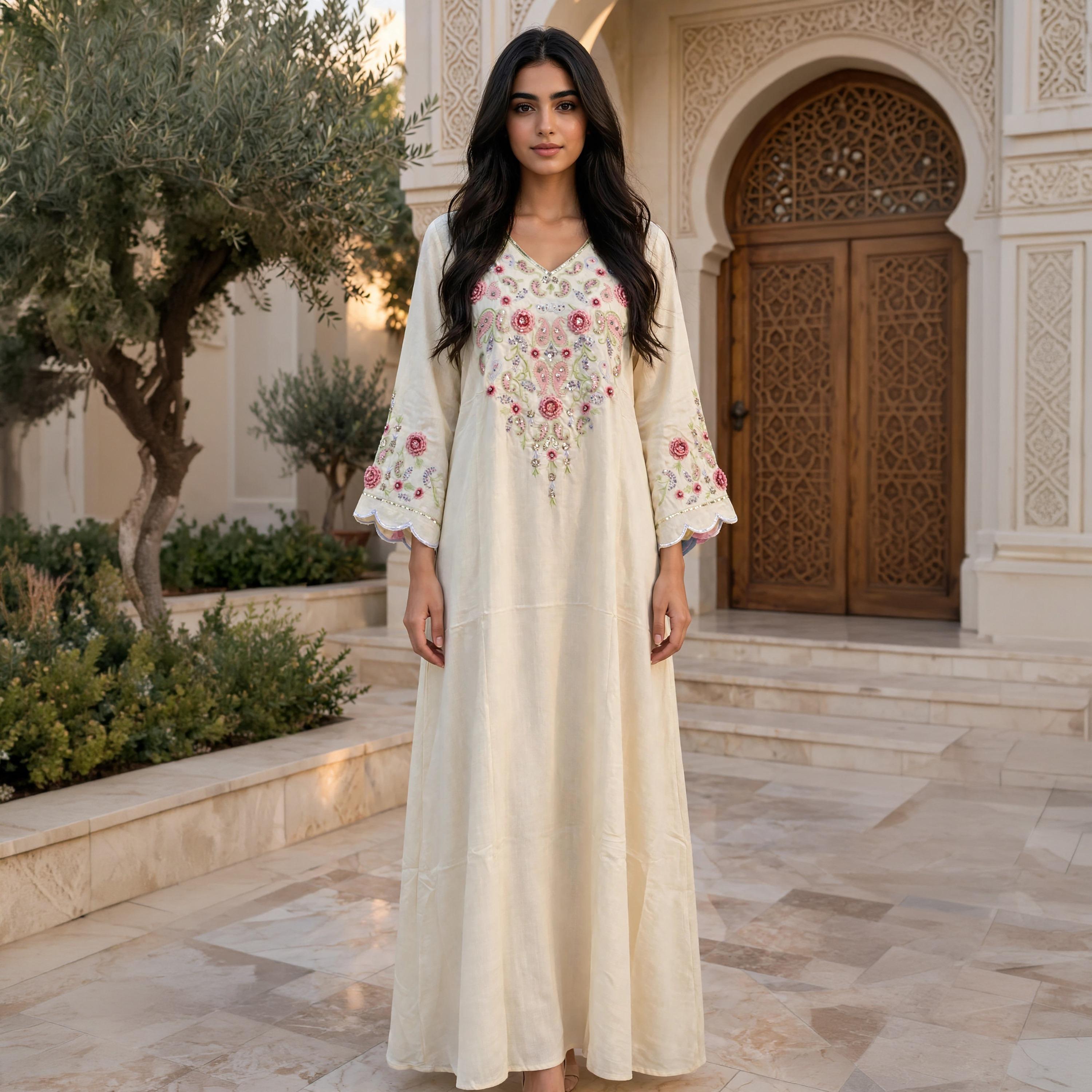 IKKXA Paisley Floral Embroidered Scallop Cuffed Women's Flowing Jalabiya-women-arabicclothing-jalabiyas-image-1