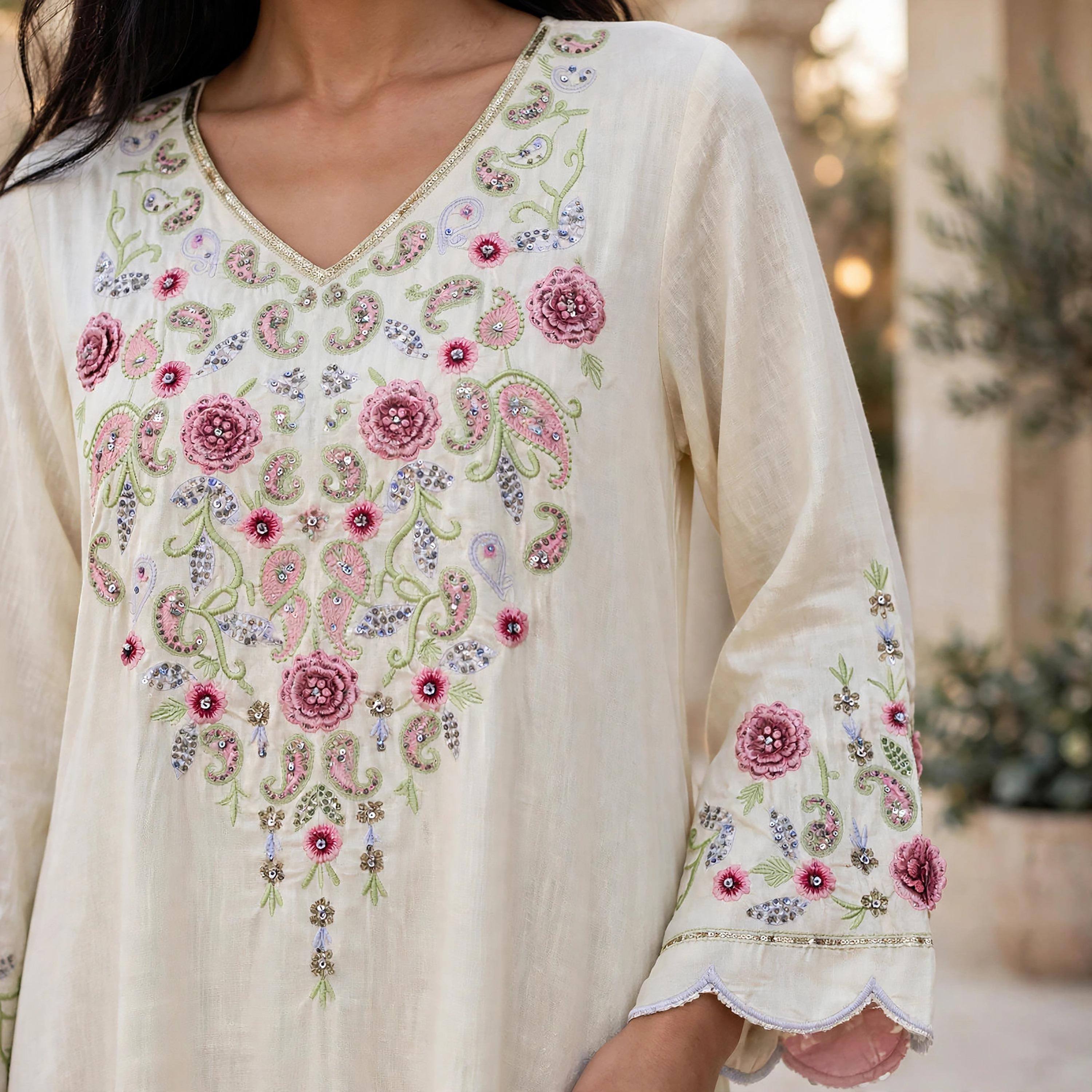 IKKXA Paisley Floral Embroidered Scallop Cuffed Women's Flowing Jalabiya-women-arabicclothing-jalabiyas-image-2
