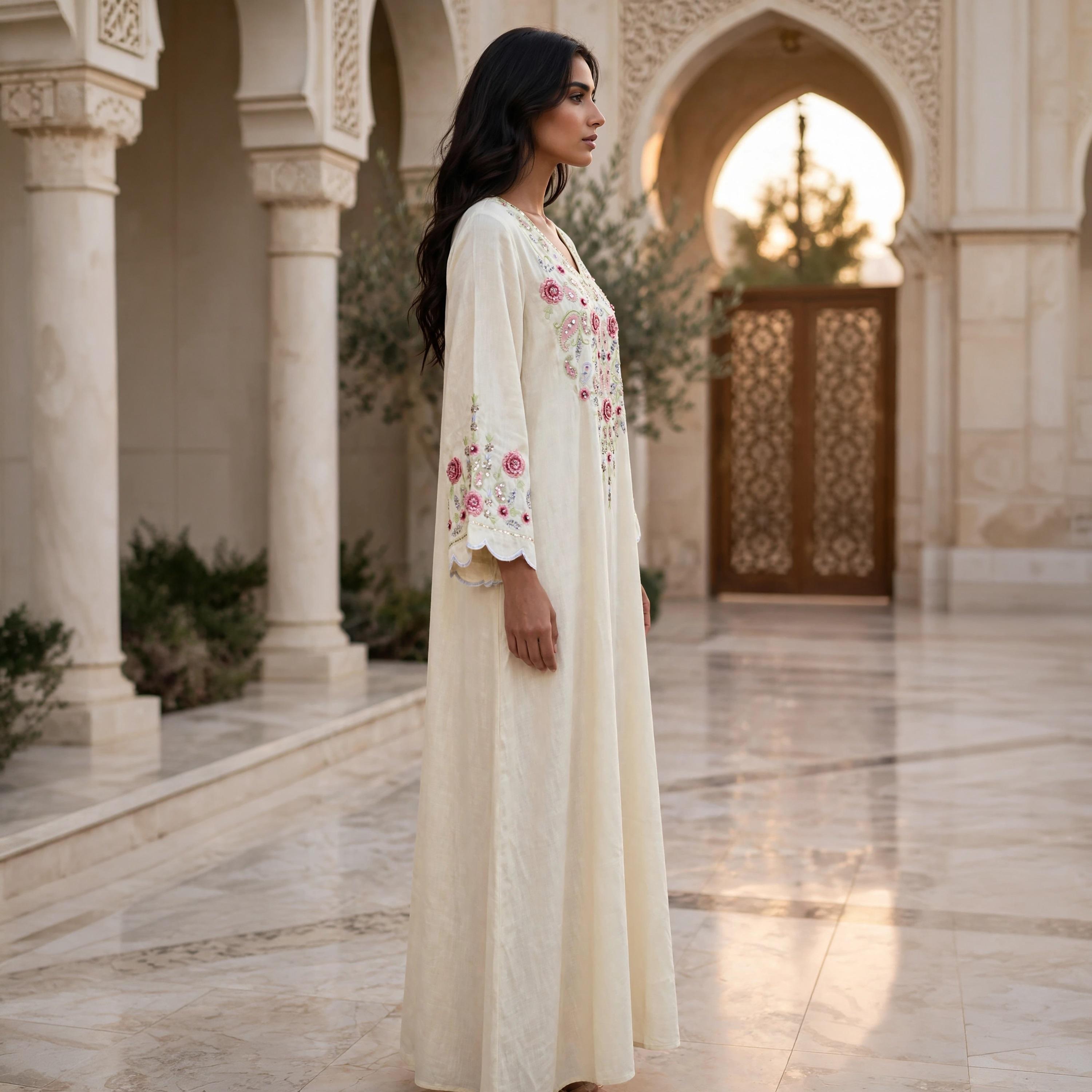 جلابية حريمي انسيابية بتطريز زهور ونقشة البيزلي وأساور متموجة من إككسا-women-arabicclothing-jalabiyas-image-17