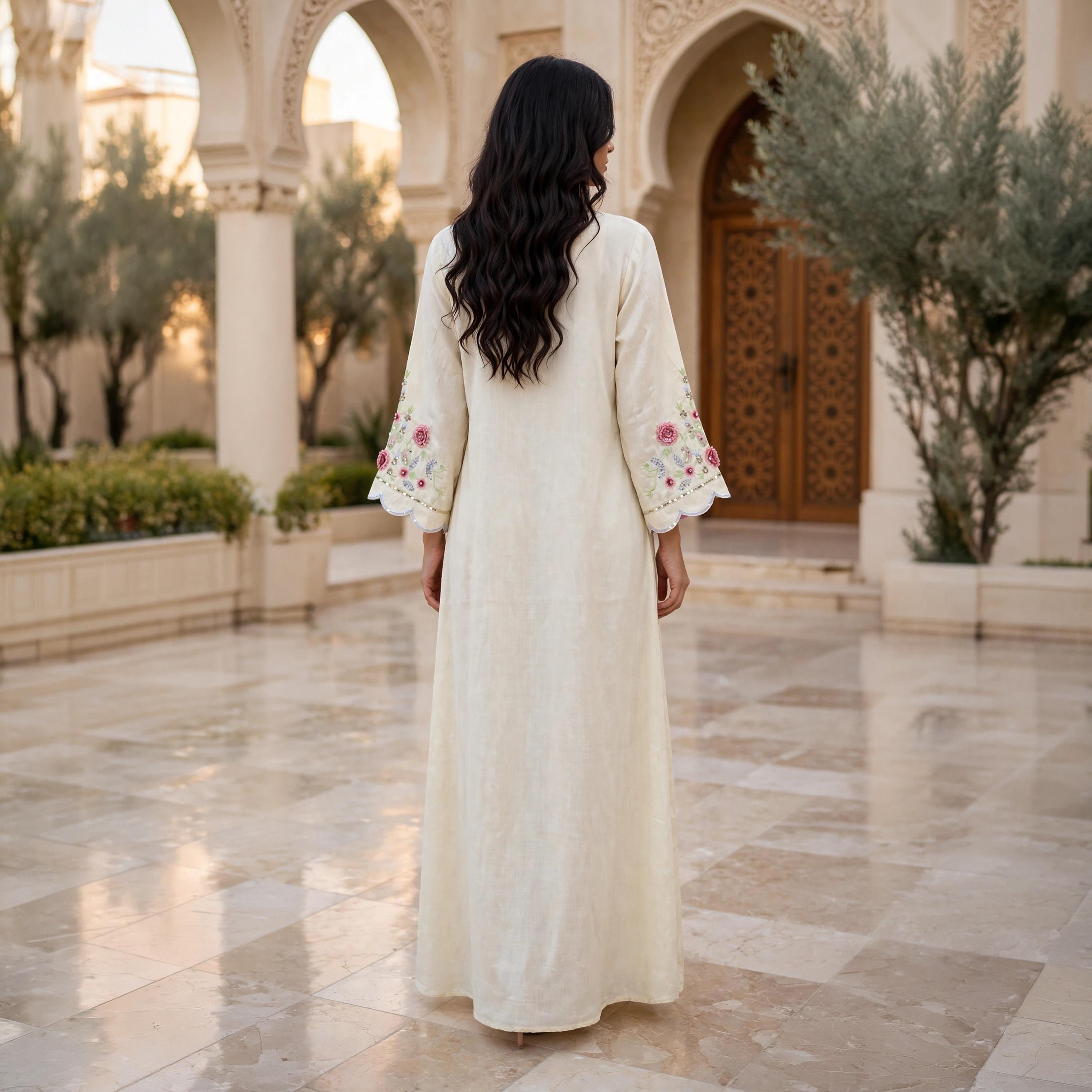 جلابية حريمي انسيابية بتطريز زهور ونقشة البيزلي وأساور متموجة من إككسا-women-arabicclothing-jalabiyas-image-18