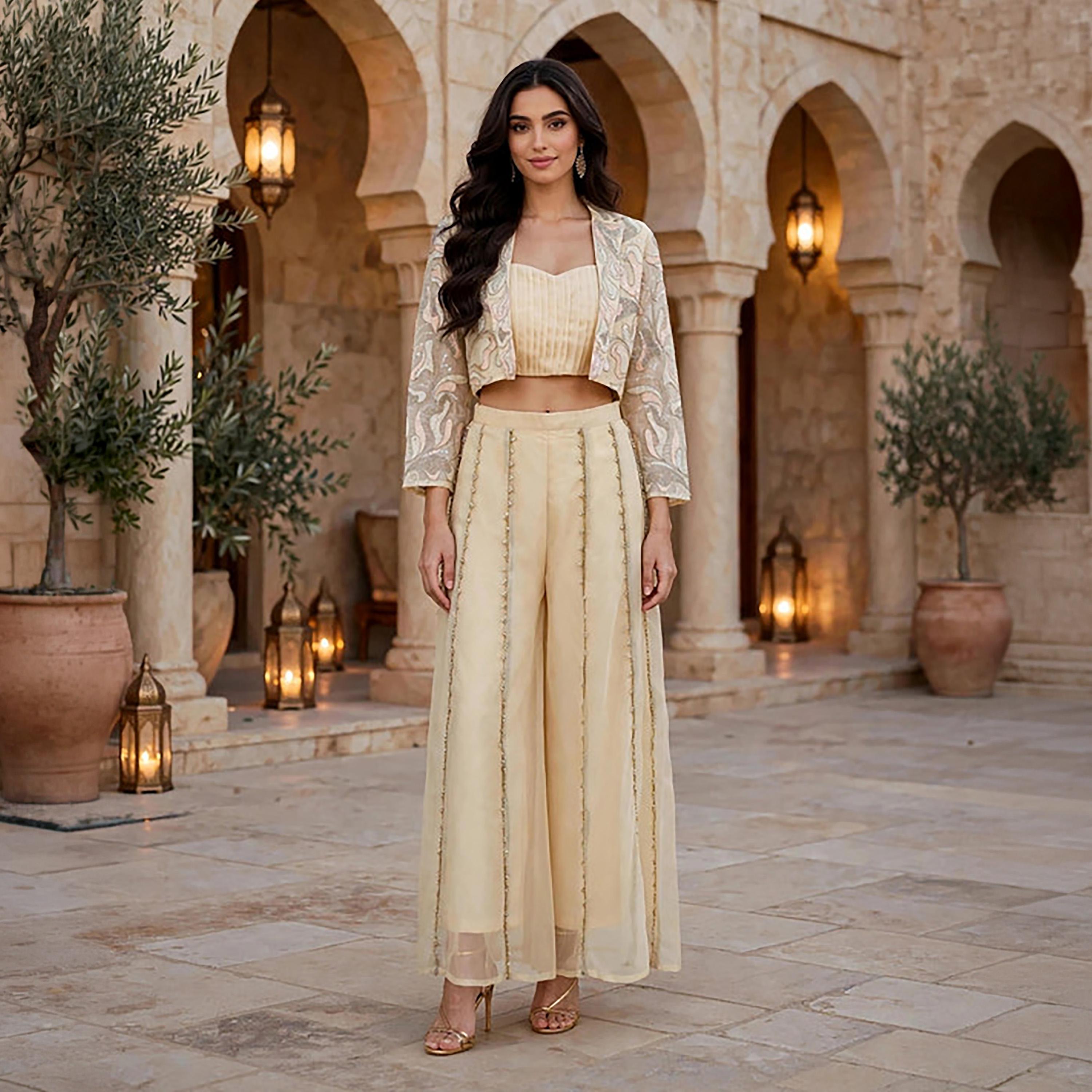 IKKXA 3-Piece Beige Embroidered Women's Top & Wide Leg Pants Set with Crop Jacket-women-arabicclothing-sets-image-1