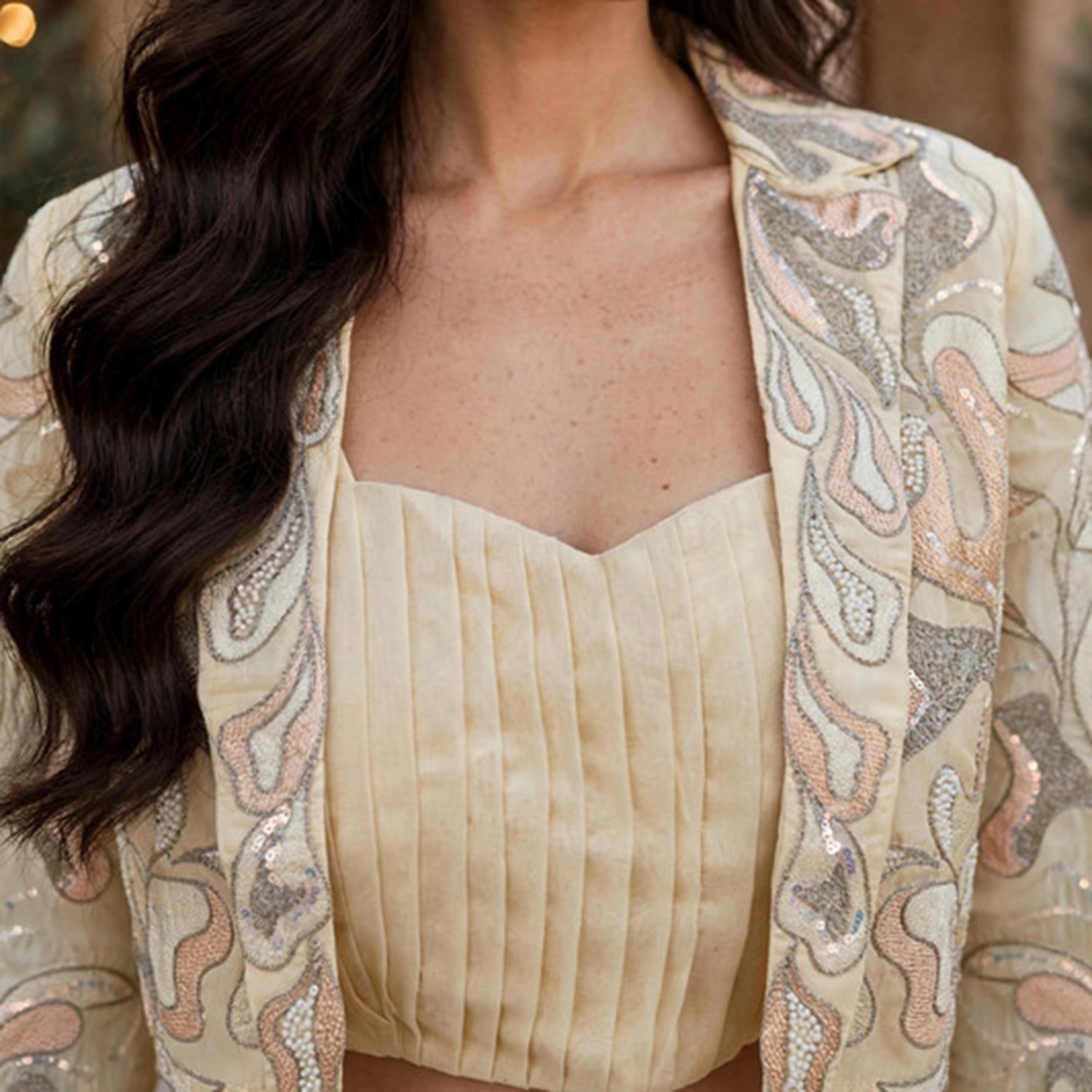 IKKXA 3-Piece Beige Embroidered Women's Top & Wide Leg Pants Set with Crop Jacket-women-arabicclothing-sets-image-2