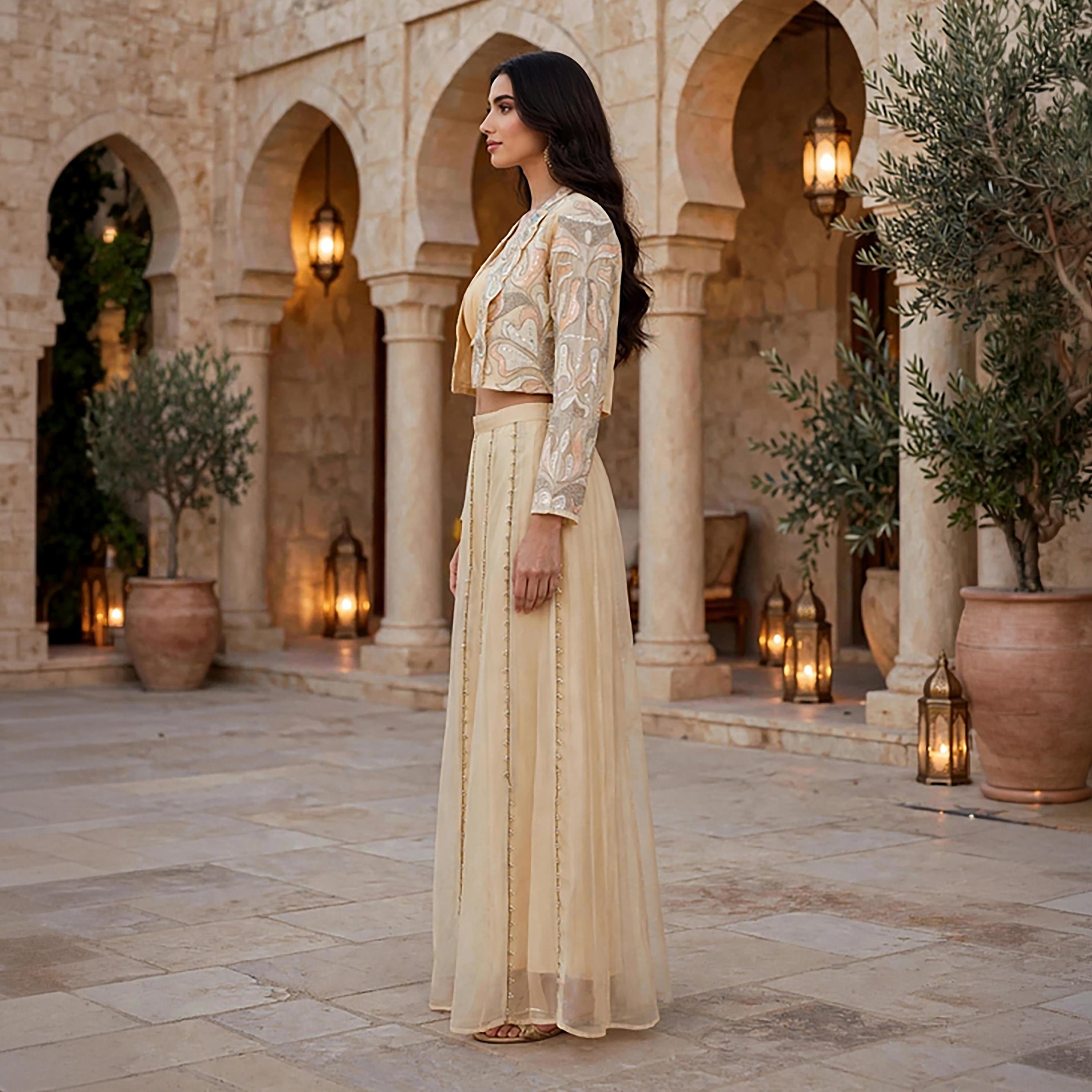 IKKXA 3-Piece Beige Embroidered Women's Top & Wide Leg Pants Set with Crop Jacket-women-arabicclothing-sets-image-3