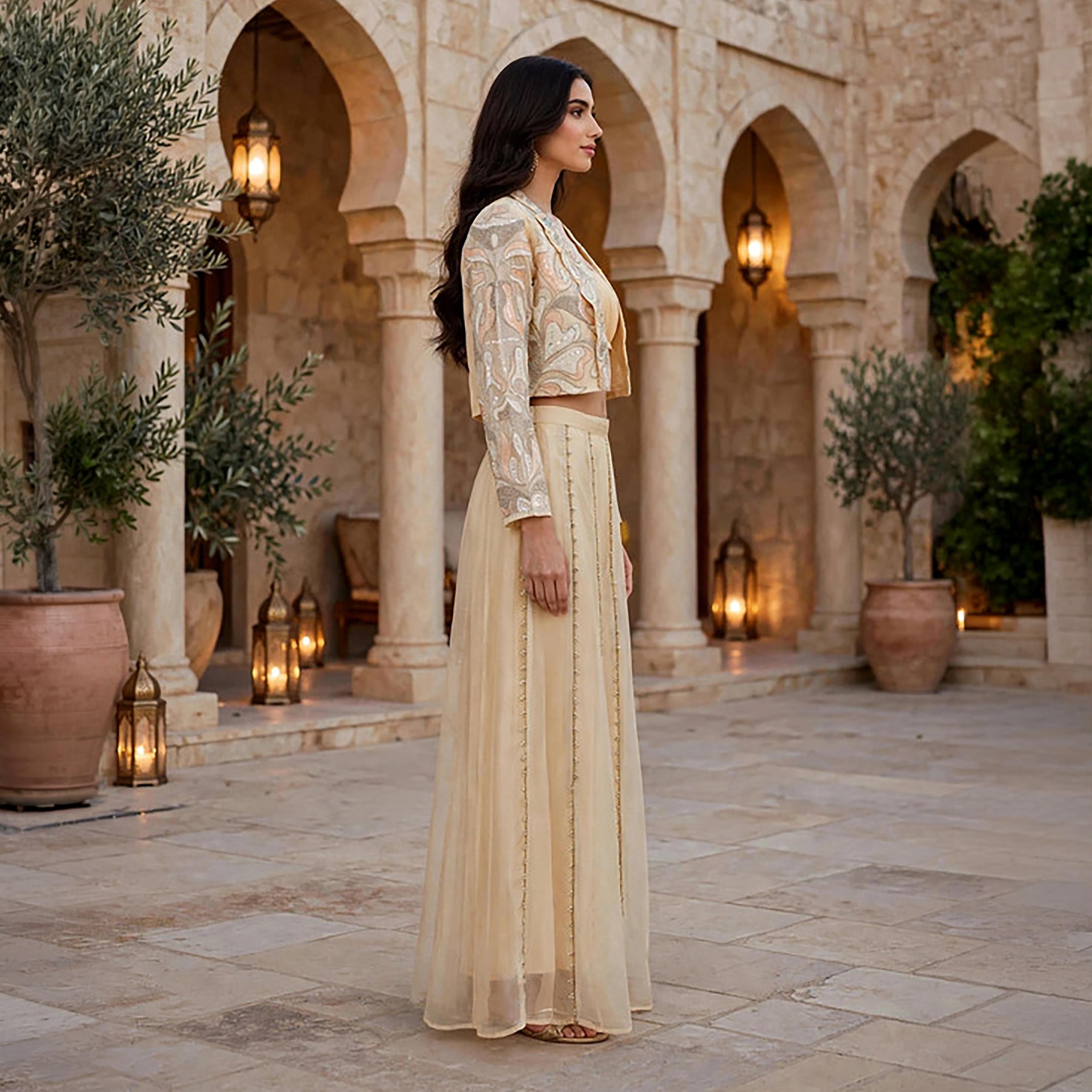 IKKXA 3-Piece Beige Embroidered Women's Top & Wide Leg Pants Set with Crop Jacket-women-arabicclothing-sets-image-4