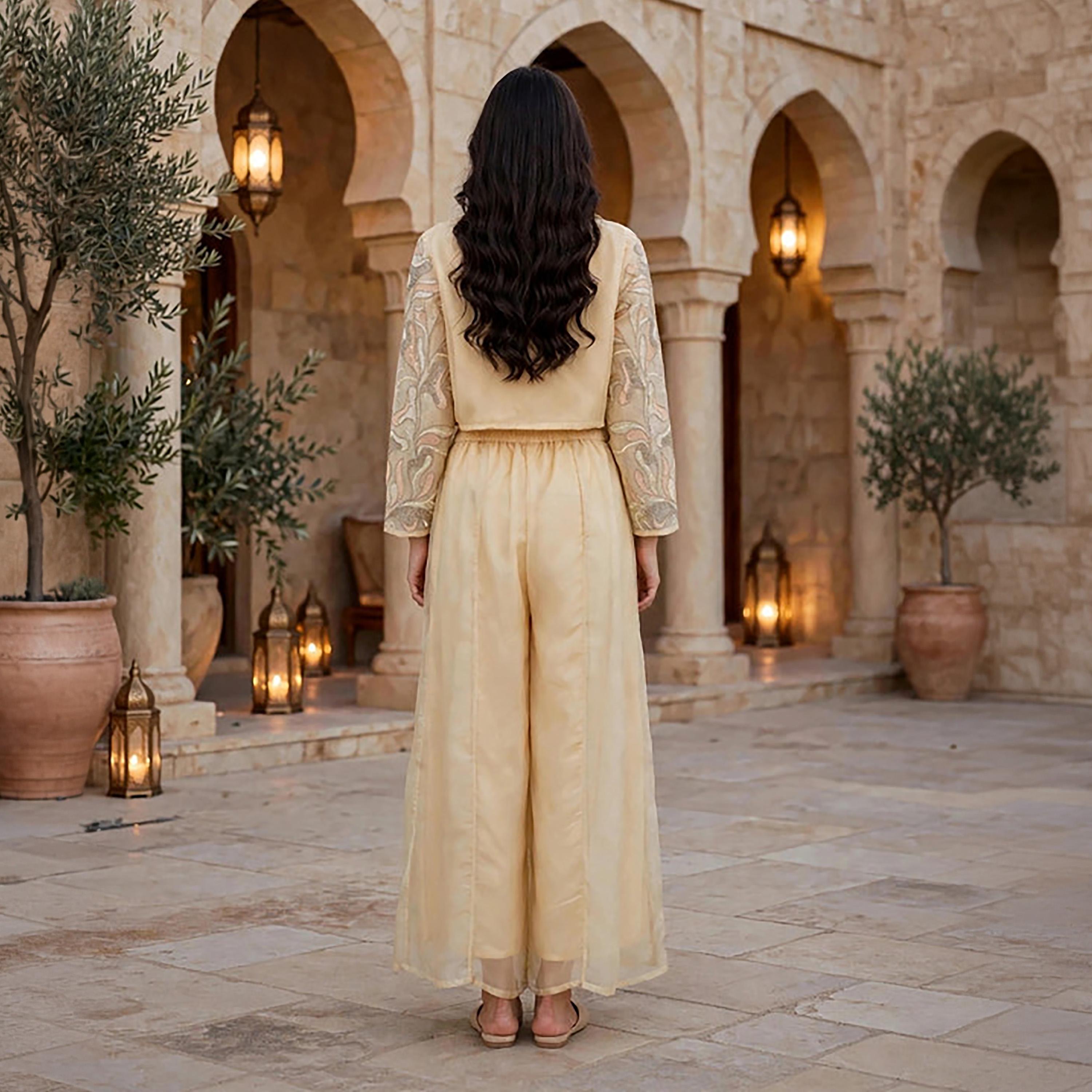 IKKXA 3-Piece Beige Embroidered Women's Top & Wide Leg Pants Set with Crop Jacket-women-arabicclothing-sets-image-5