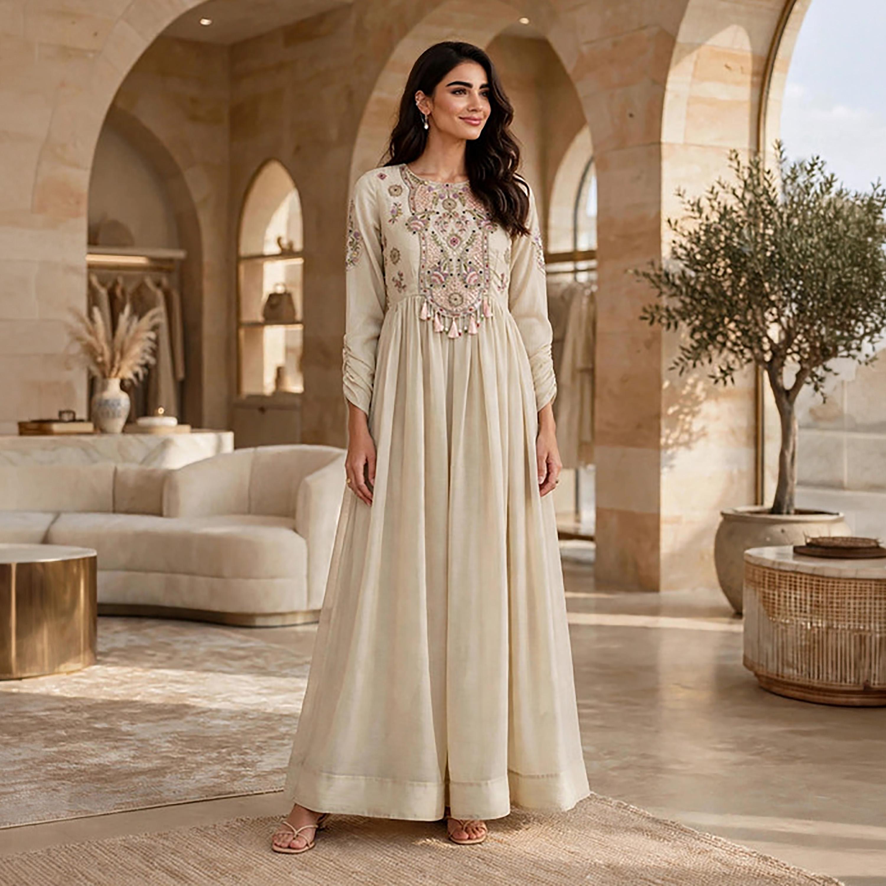 IKKXA Beige Paisley Embroidered Yoke Ruched Sleeves Flared Women's Jalabiya-women-clothing-dresses-image-1