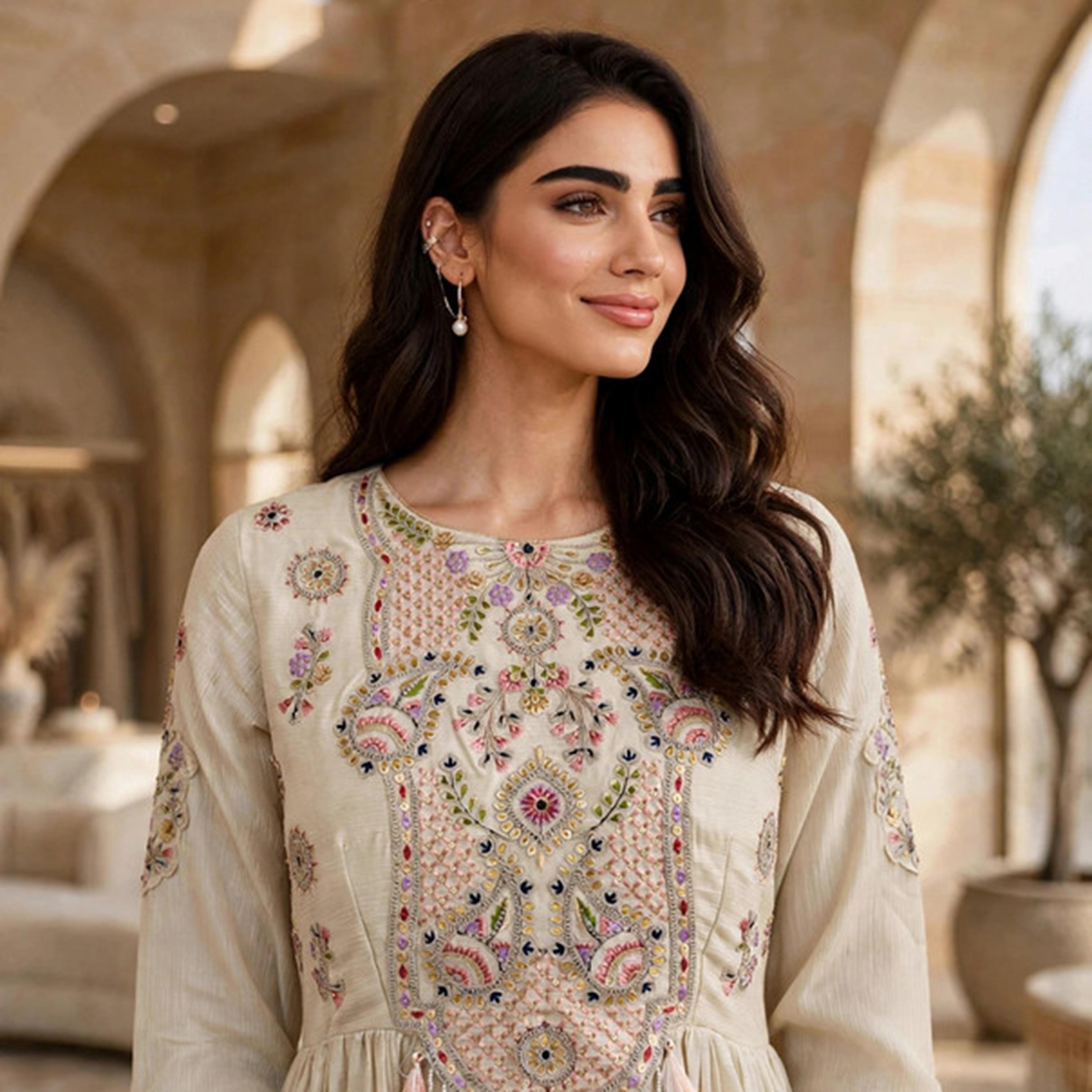 IKKXA Beige Paisley Embroidered Yoke Ruched Sleeves Flared Women's Jalabiya-women-clothing-dresses-image-2