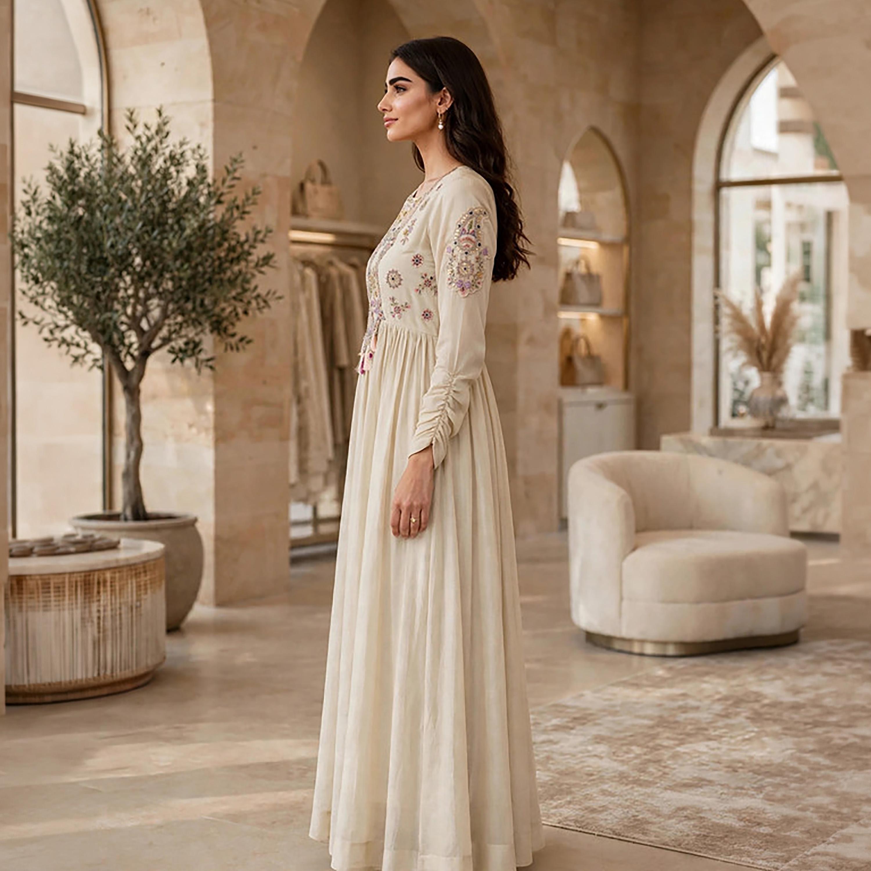 جلابية حريمي واسعة بأكمام ذات ثنيات (كشكشة) وتطريز بيزلي على الصدر باللون البيج من إككسا-women-clothing-dresses-image-3