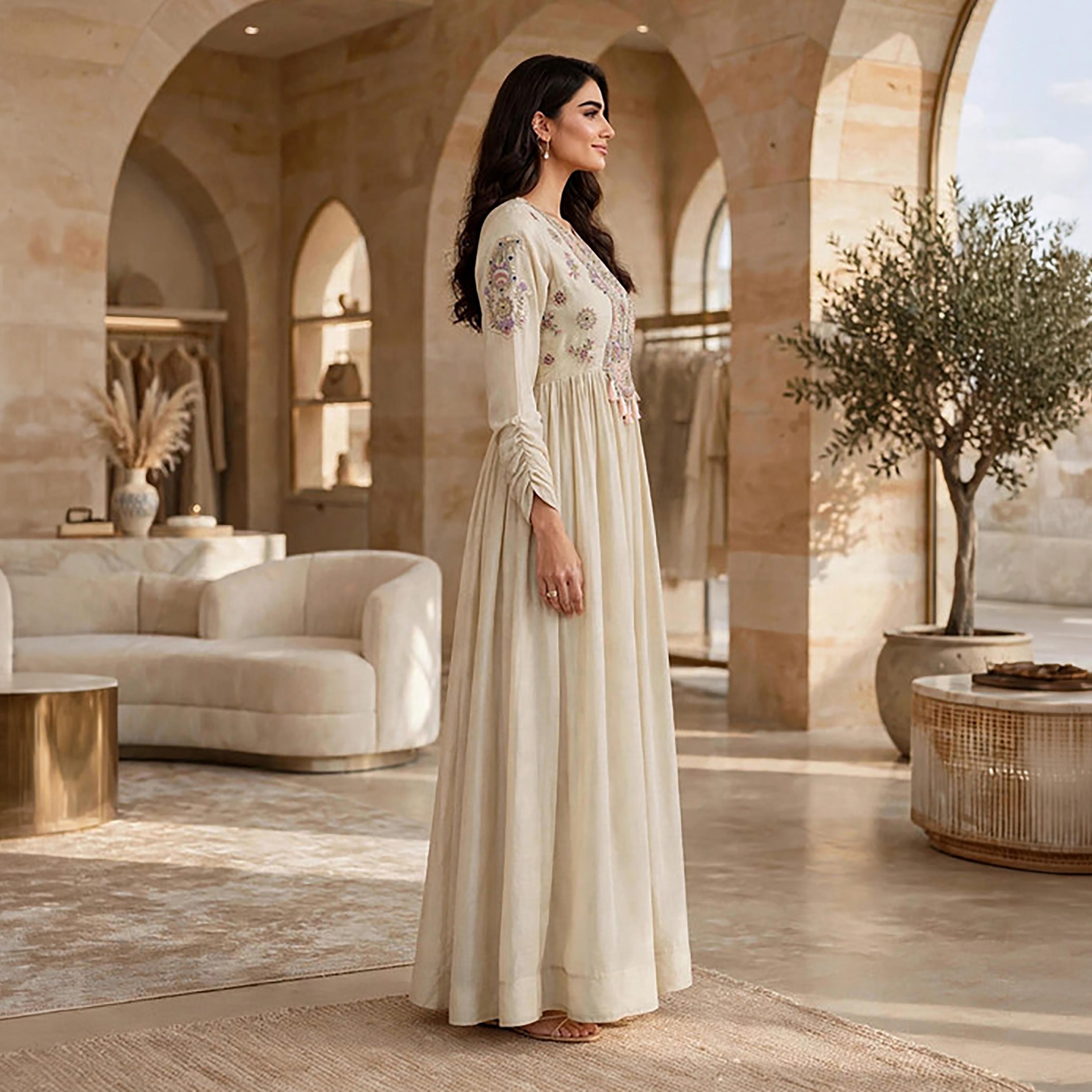 IKKXA Beige Paisley Embroidered Yoke Ruched Sleeves Flared Women's Jalabiya-women-clothing-dresses-image-4