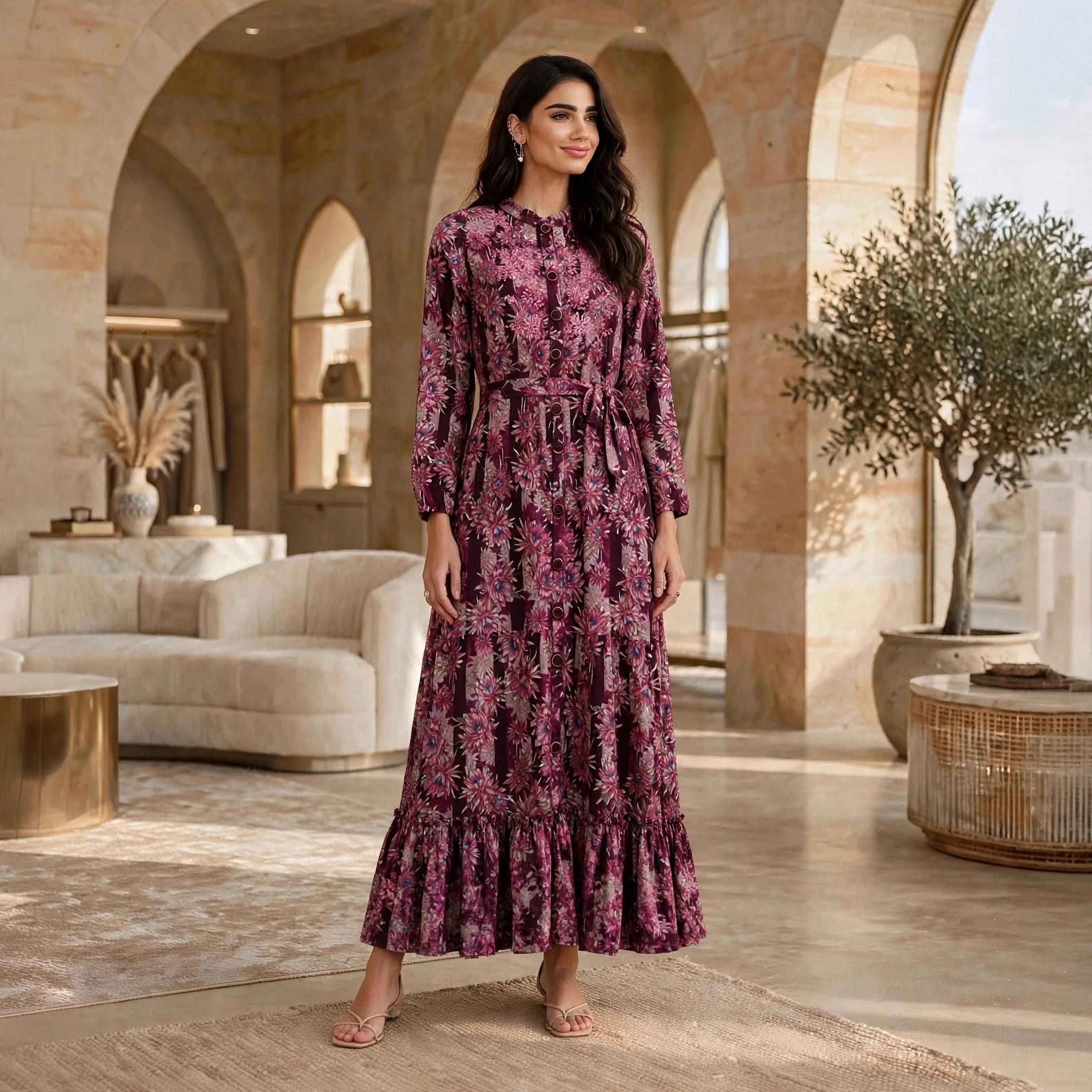جلابية حريمي بطبقات وردي بطبعة زهور وياقة ماندرين من إيكا-women-arabicclothing-jalabiyas-image-1