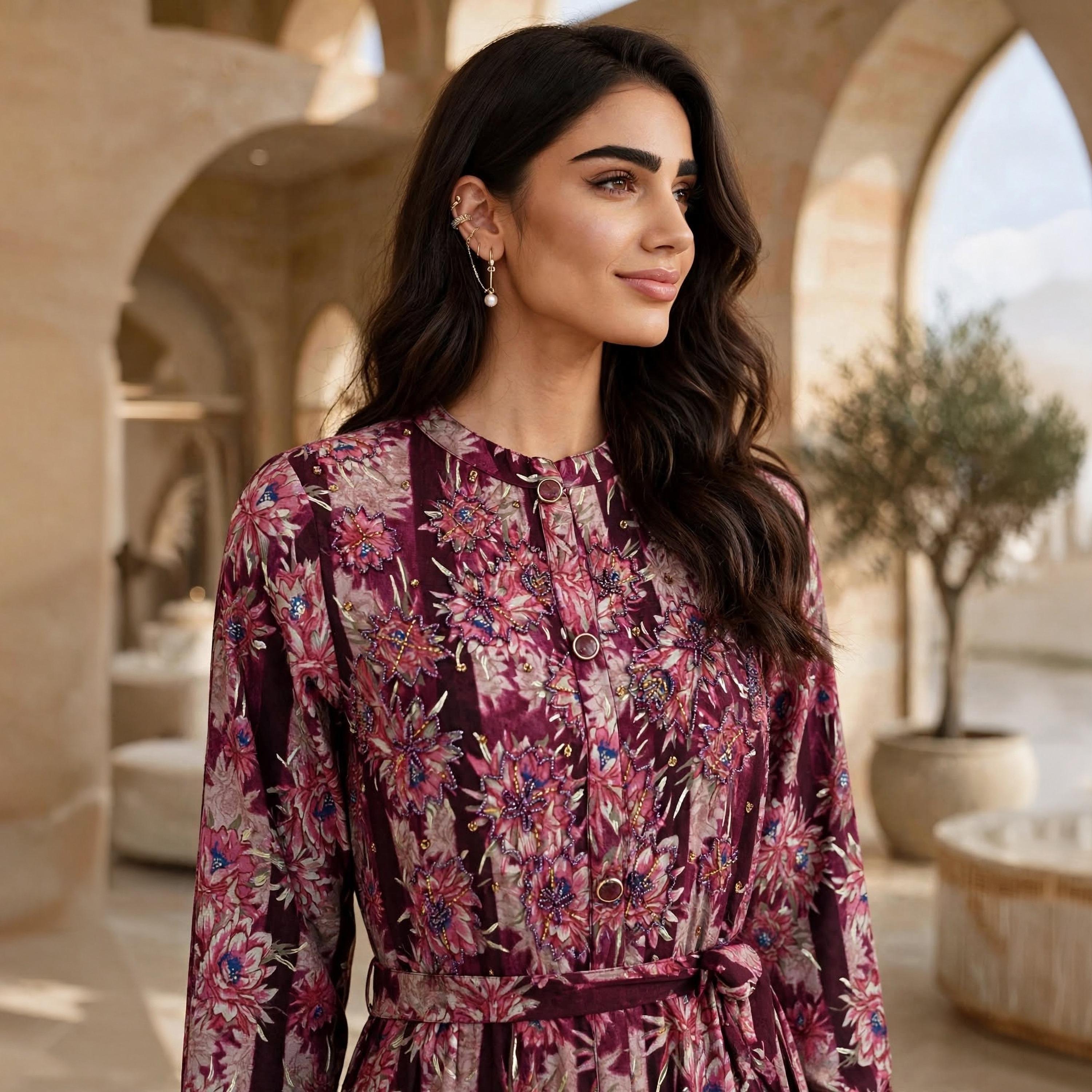 IKKXA Pink Floral Mandarin Collar Women's Tiered Jalabiya-women-arabicclothing-jalabiyas-image-2