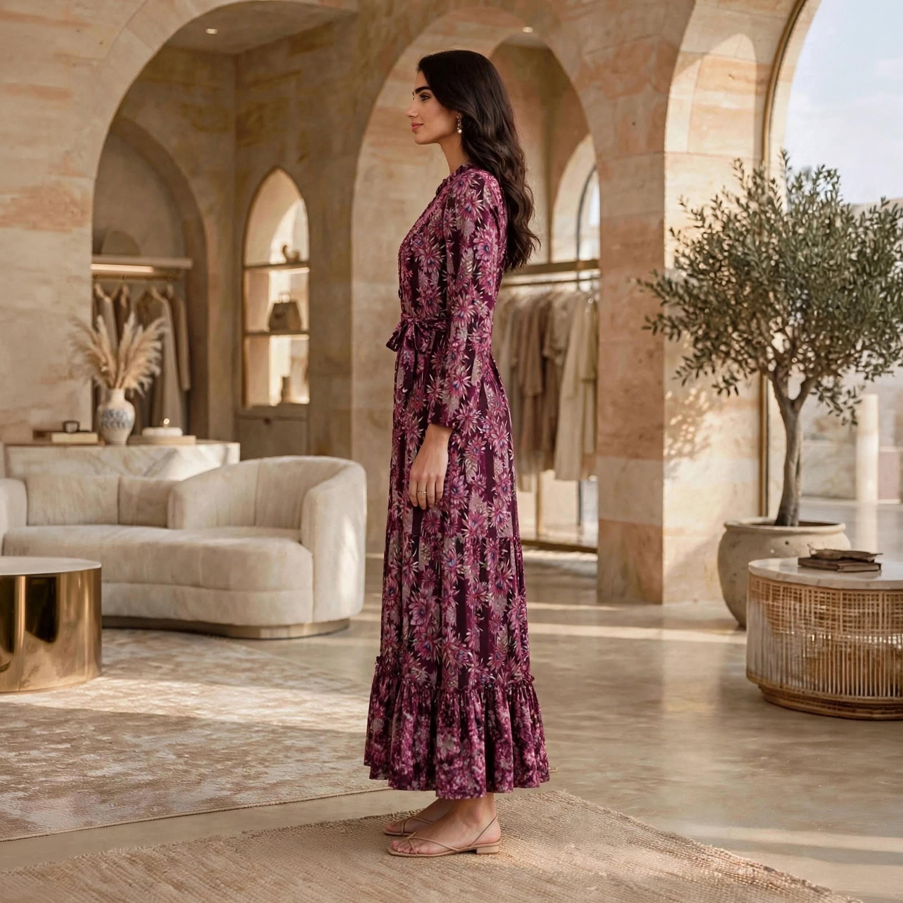 IKKXA Pink Floral Mandarin Collar Women's Tiered Jalabiya-women-arabicclothing-jalabiyas-image-3