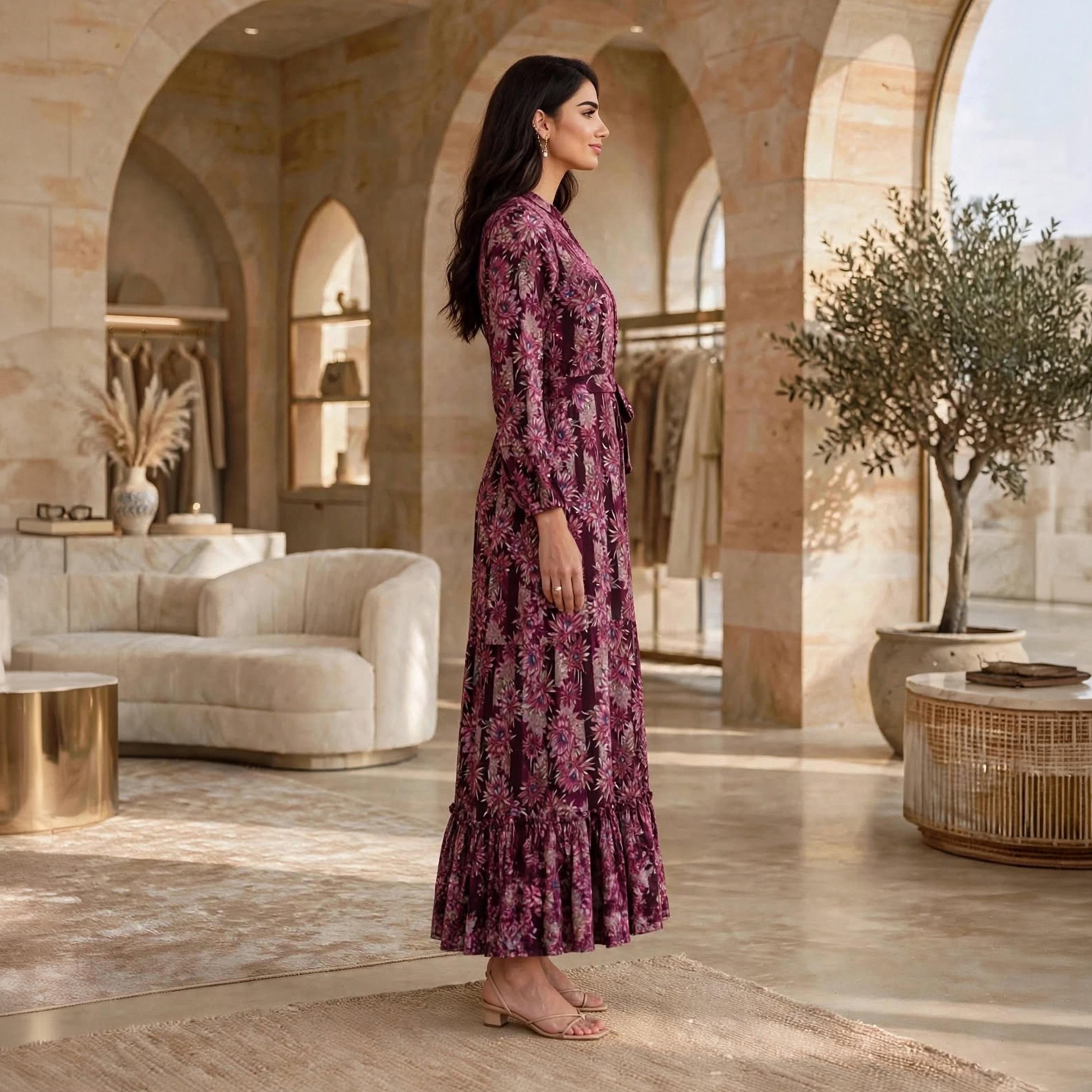 جلابية حريمي بطبقات وردي بطبعة زهور وياقة ماندرين من إيكا-women-arabicclothing-jalabiyas-image-4