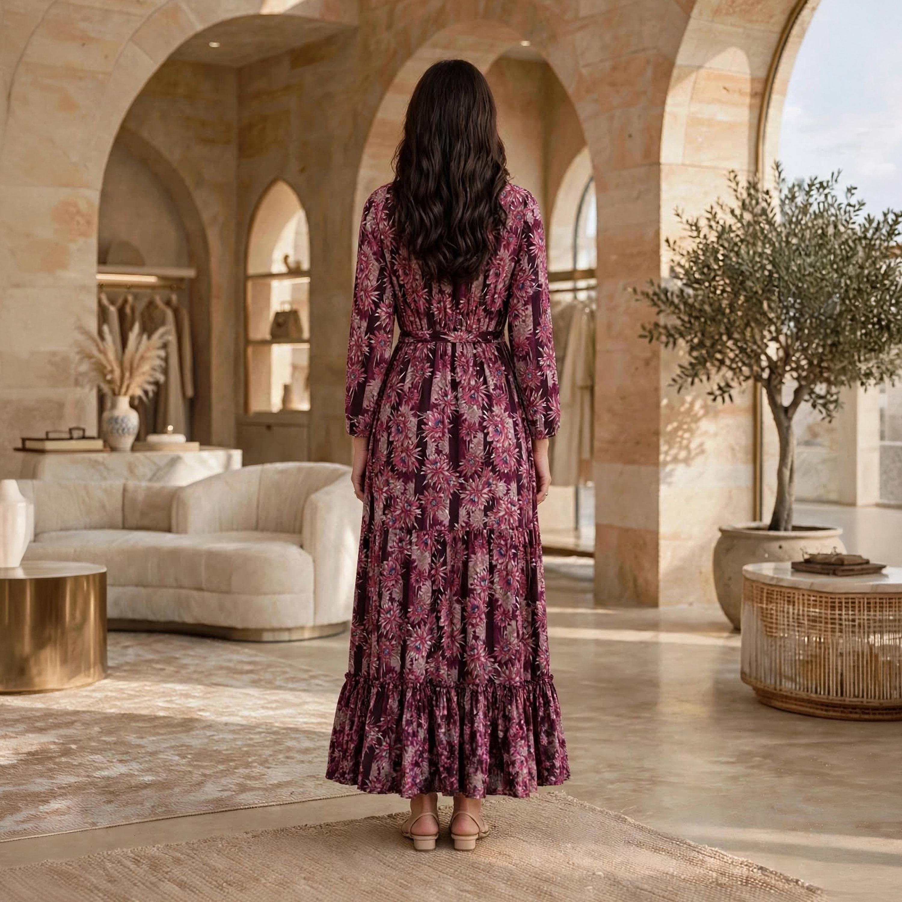 IKKXA Pink Floral Mandarin Collar Women's Tiered Jalabiya-women-arabicclothing-jalabiyas-image-5