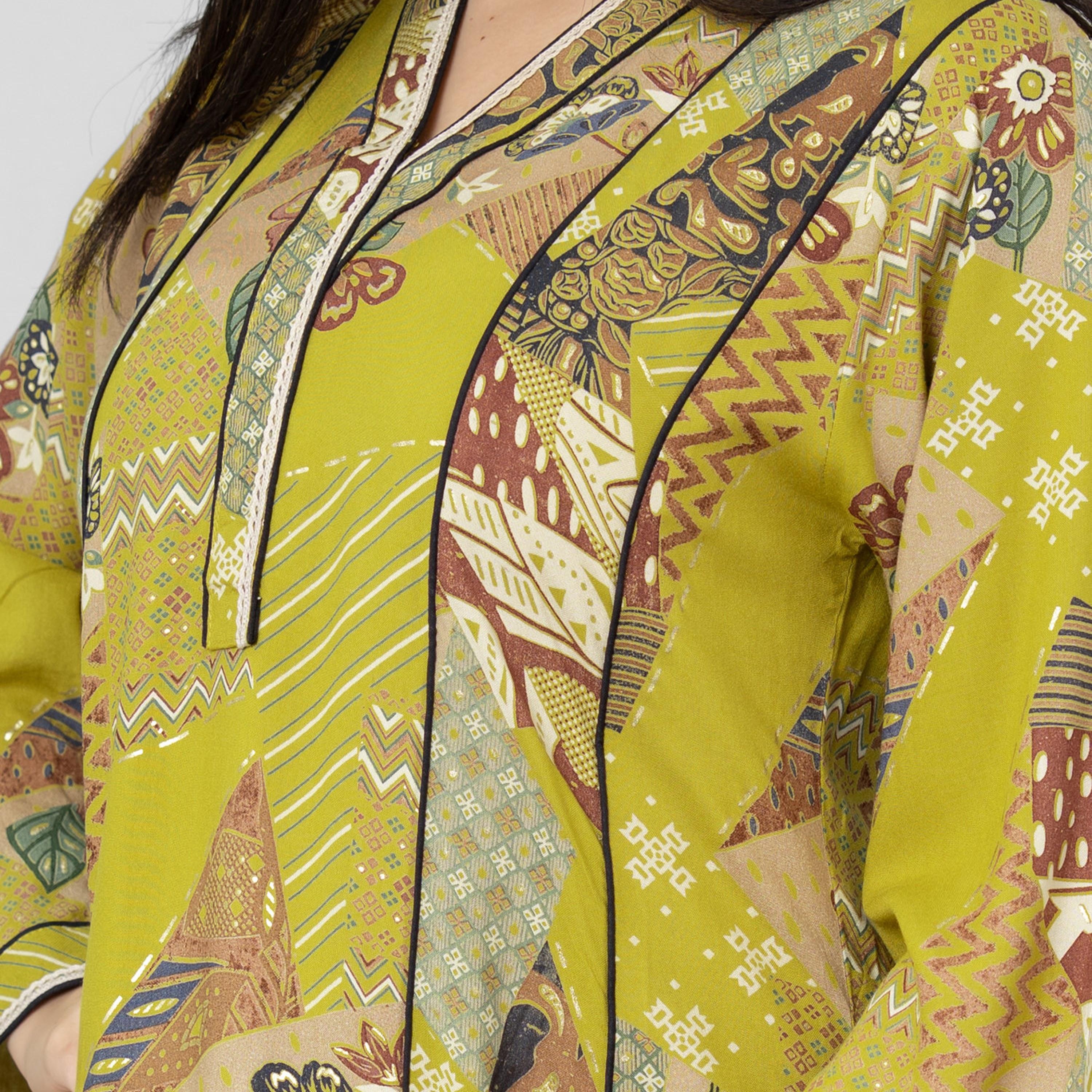 IKKXA Ethnic Patch Print Flared Sleeves Women's Jalabiya-women-arabicclothing-jalabiyas-image-2