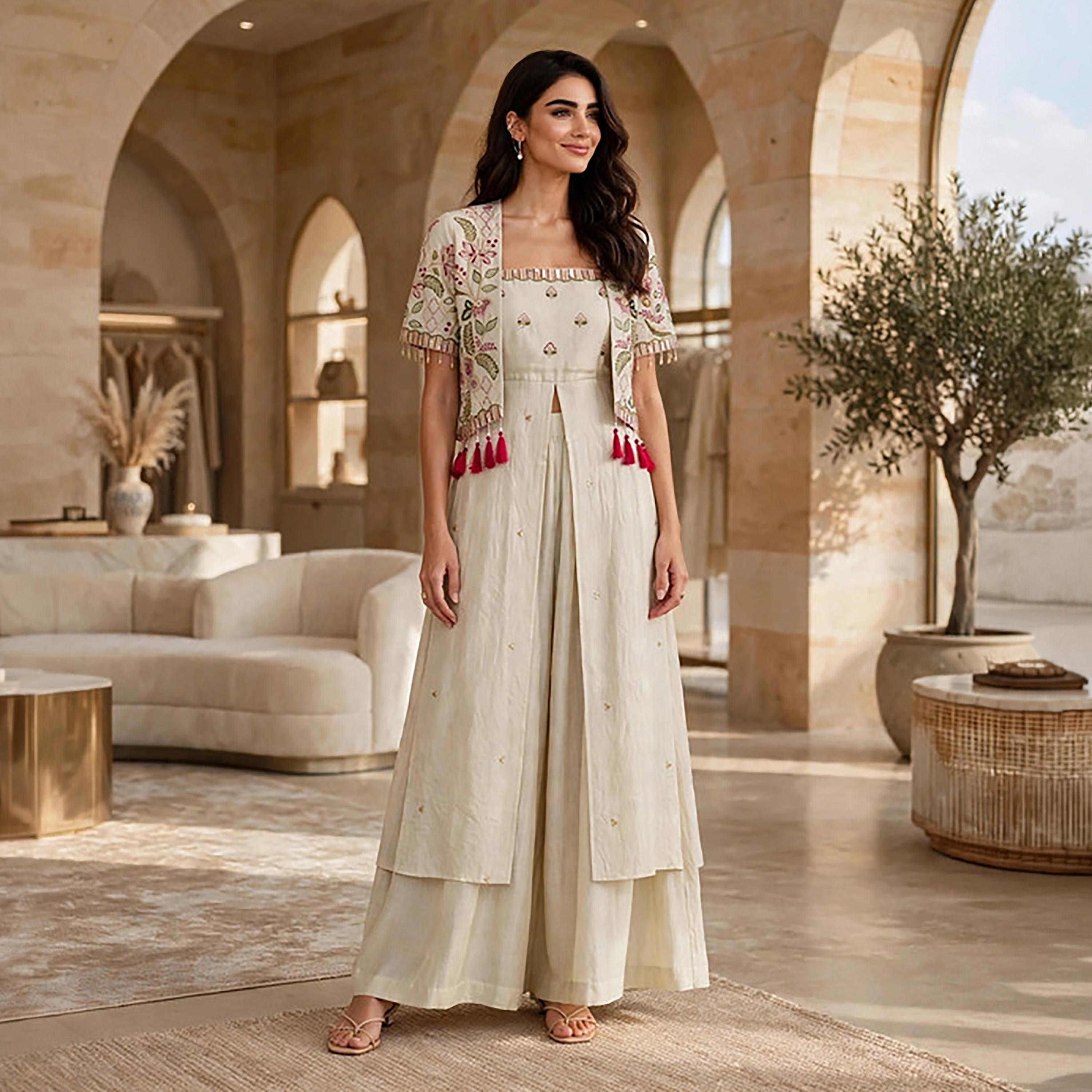 IKKXA 3-Piece Beige Floral Embroidered Women's Top & Palazzo Pants with Jacket-women-arabicclothing-sets-image-1