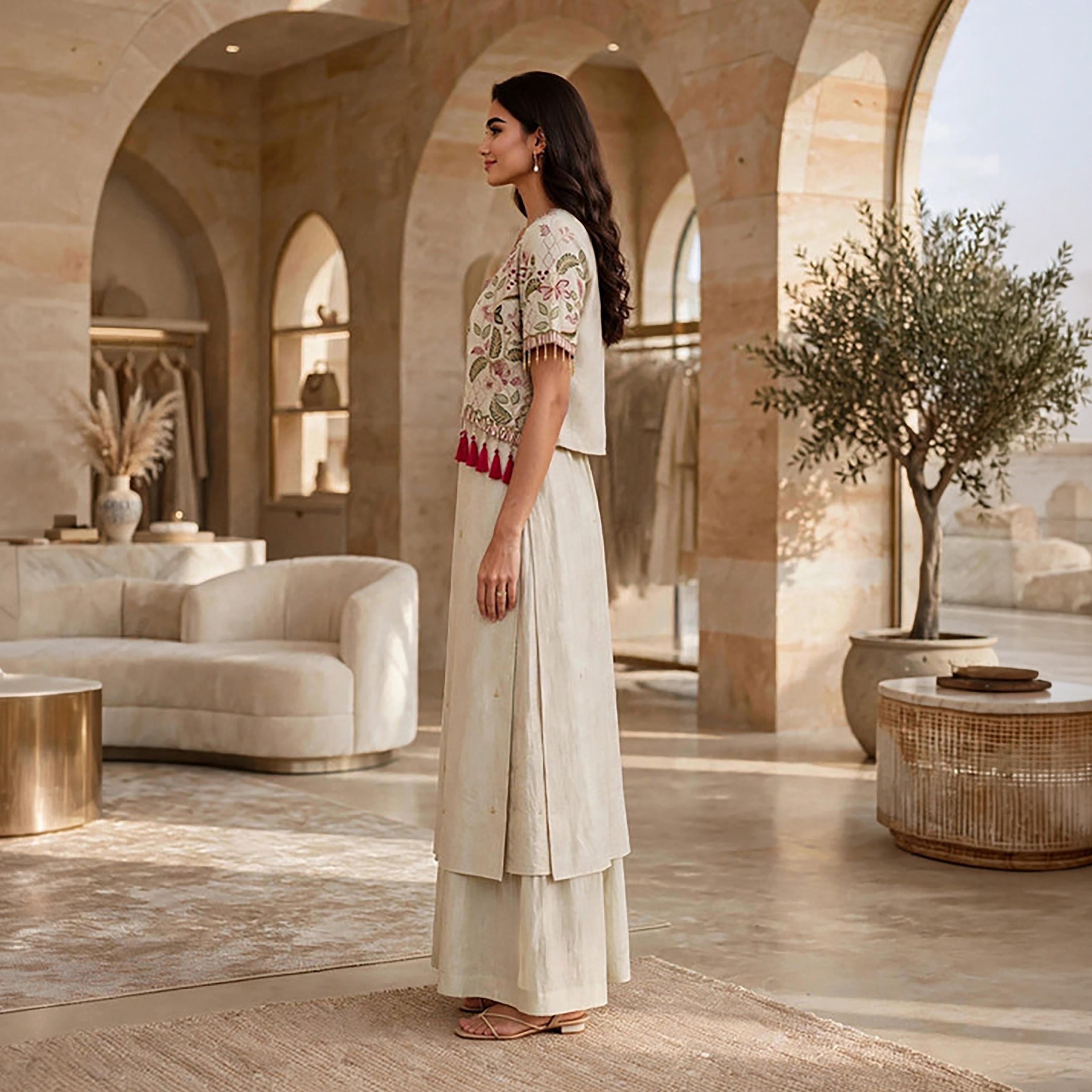 IKKXA 3-Piece Beige Floral Embroidered Women's Top & Palazzo Pants with Jacket-women-arabicclothing-sets-image-3
