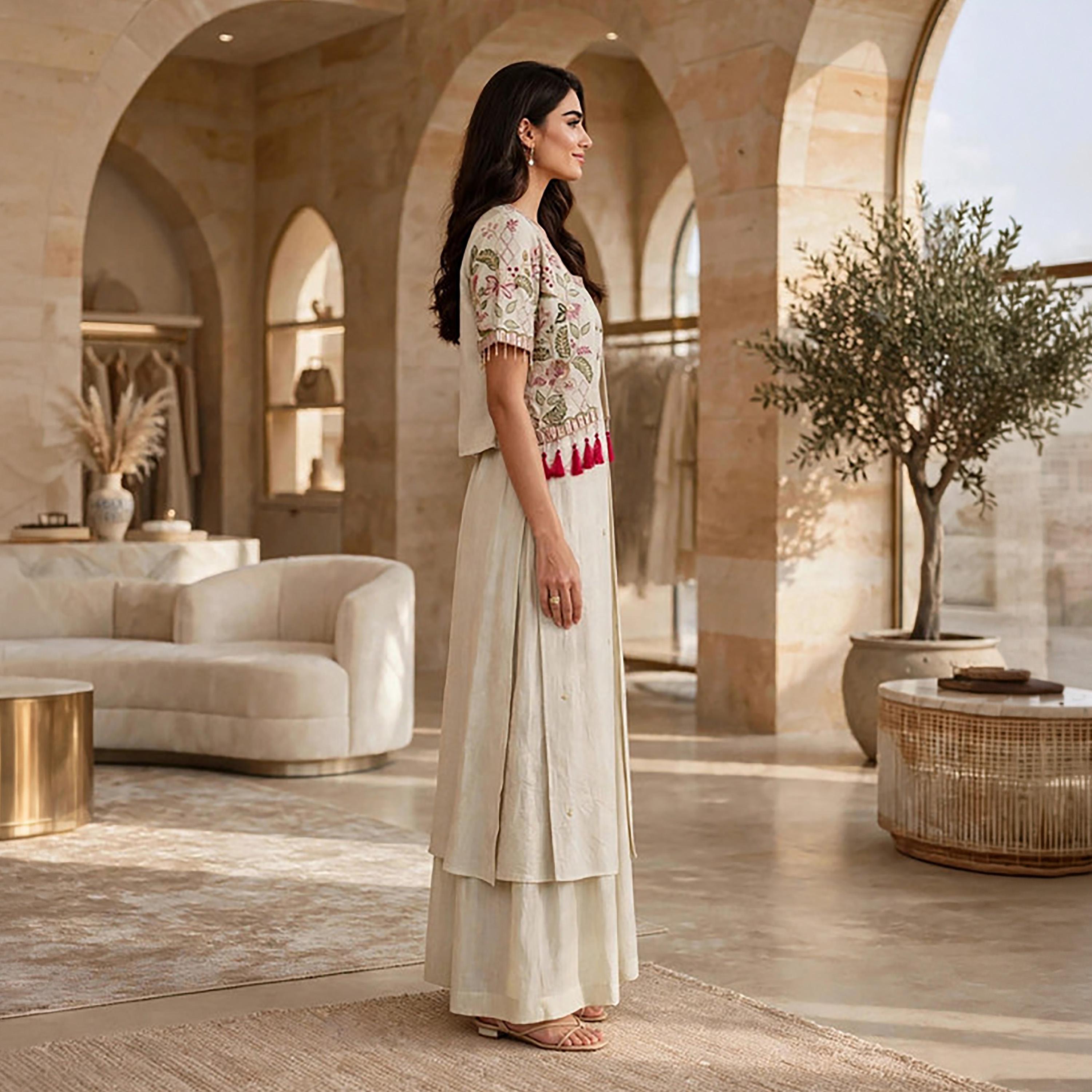 IKKXA 3-Piece Beige Floral Embroidered Women's Top & Palazzo Pants with Jacket-women-arabicclothing-sets-image-4