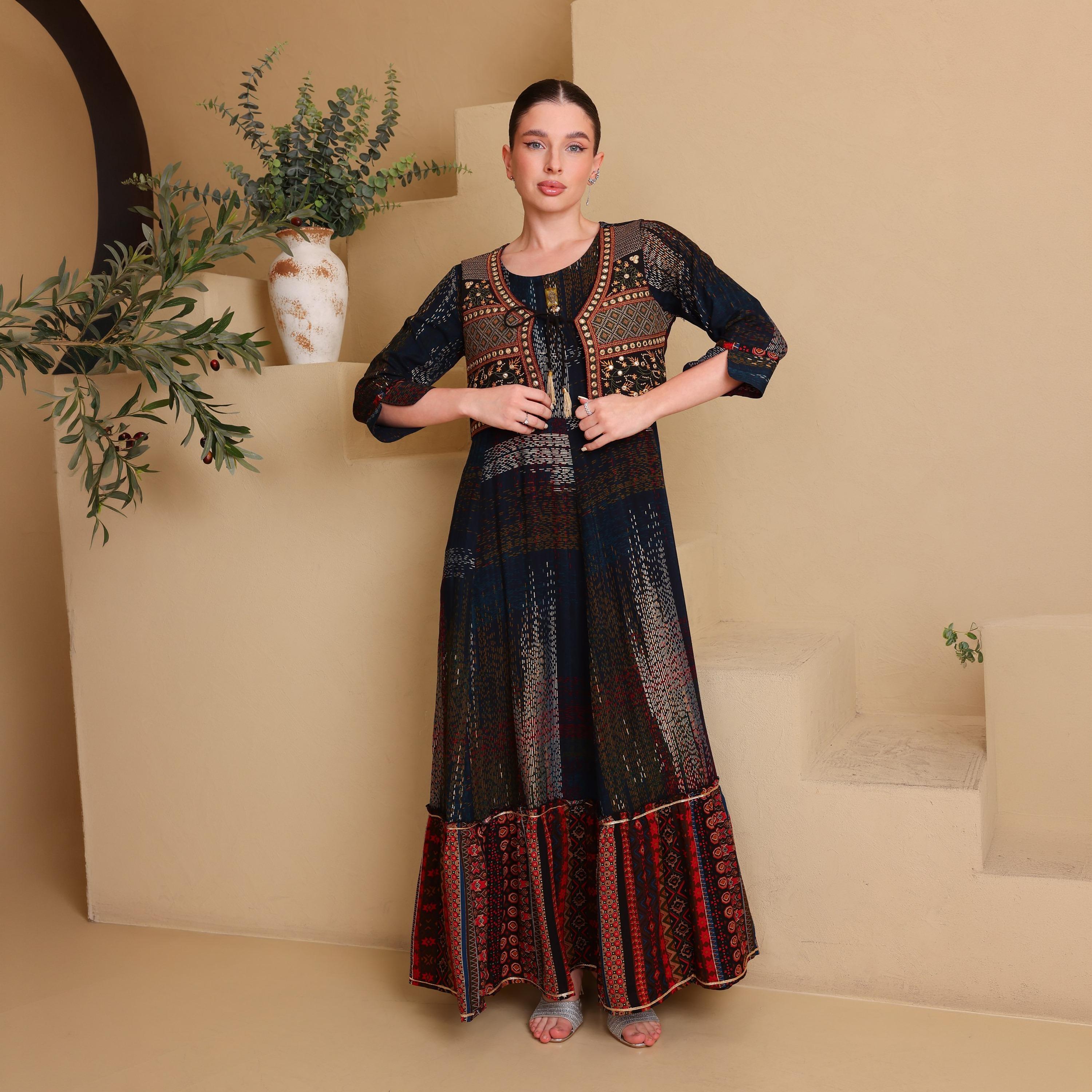 IKKXA Printed Cuffed Sleeves Women's Tiered Jalabiya-women-arabicclothing-jalabiyas-image-1