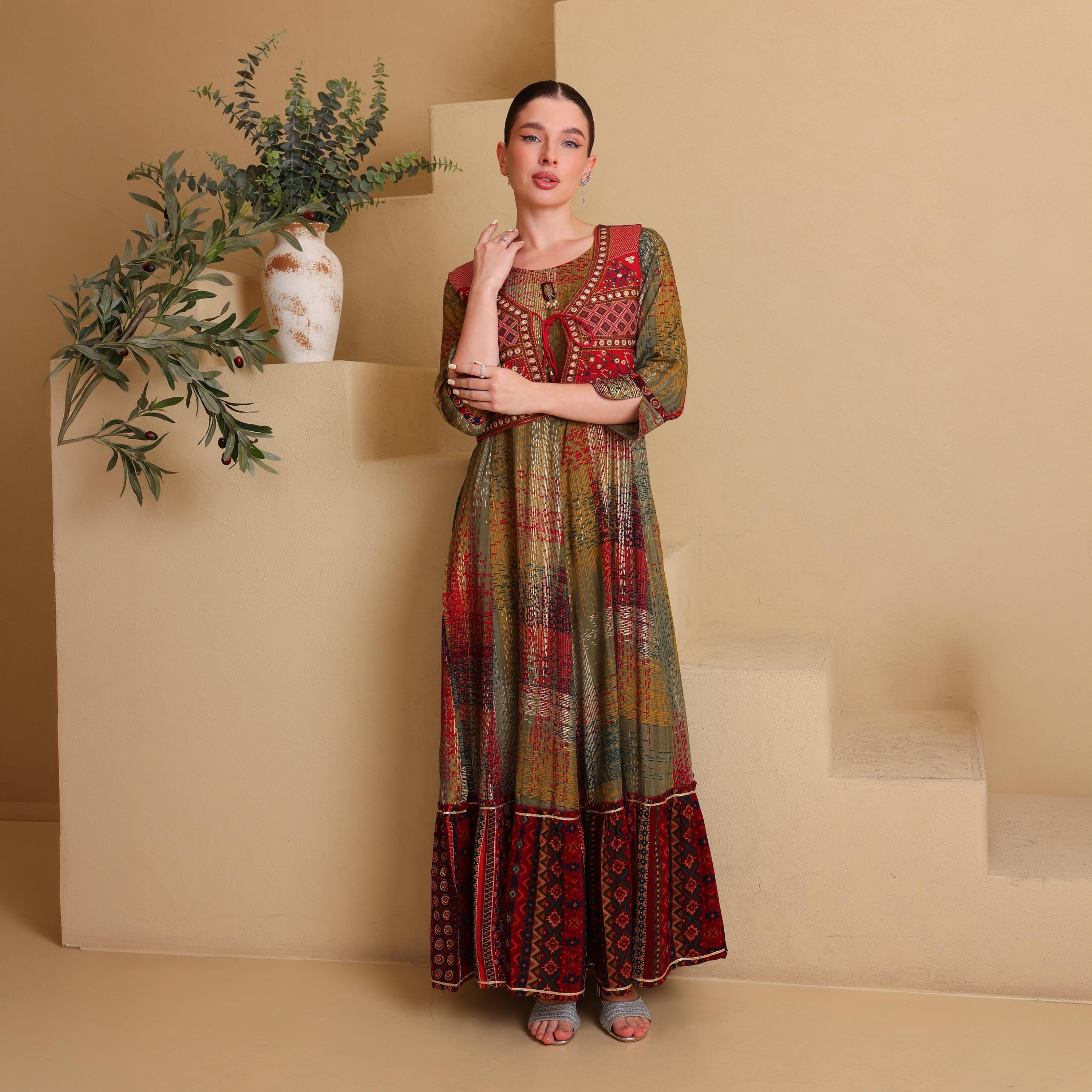 جلابية نسائية بطبقات وأكمام بأساور (كافس) مطبوعة من إيككسا-women-arabicclothing-jalabiyas-image-6