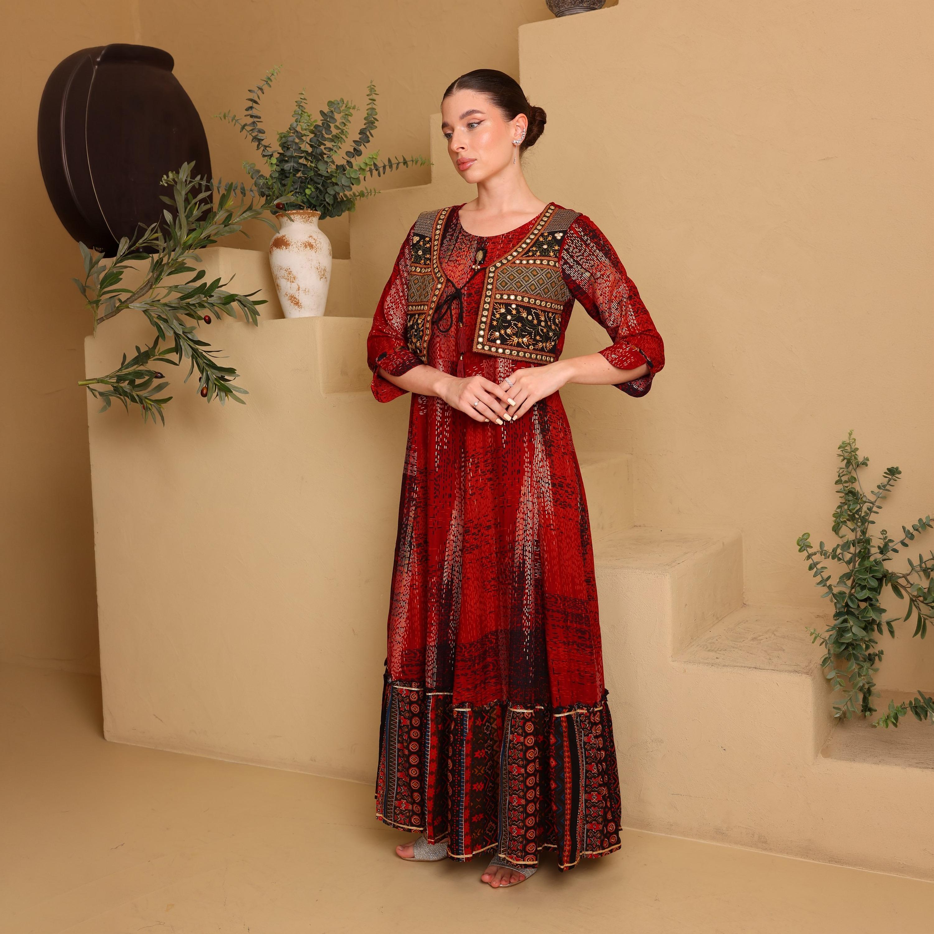 جلابية نسائية بطبقات وأكمام بأساور (كافس) مطبوعة من إيككسا-women-arabicclothing-jalabiyas-image-11
