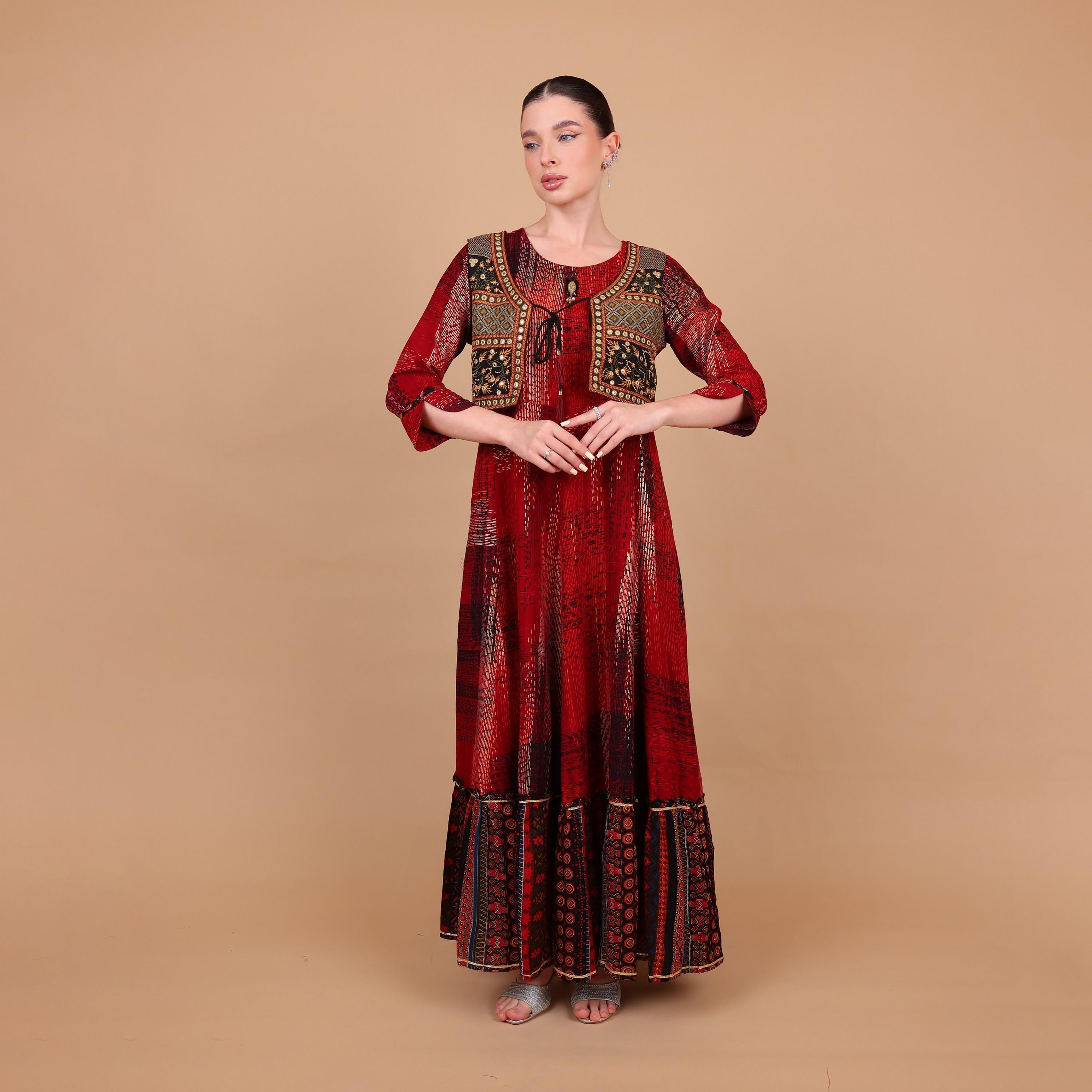 جلابية نسائية بطبقات وأكمام بأساور (كافس) مطبوعة من إيككسا-women-arabicclothing-jalabiyas-image-12