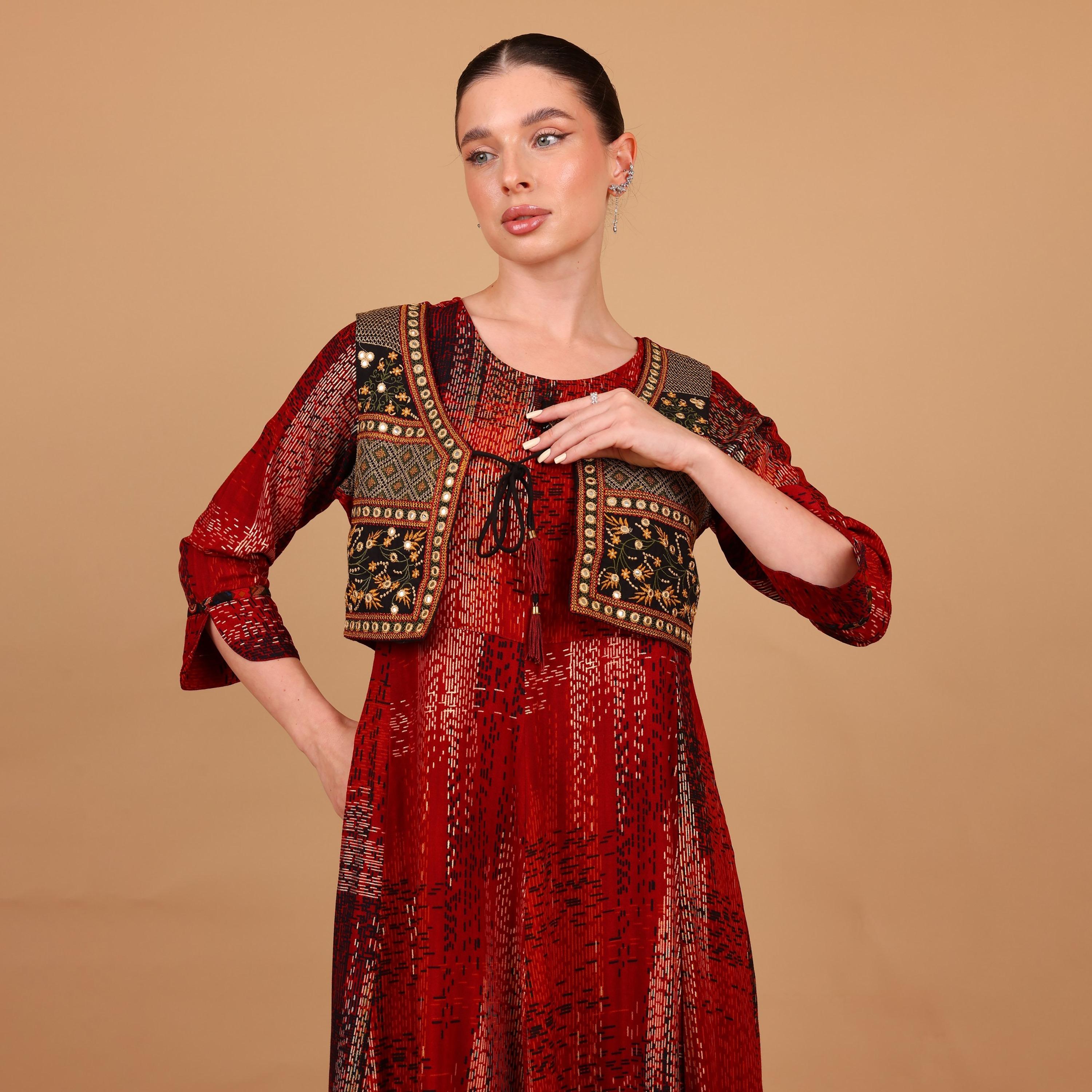 جلابية نسائية بطبقات وأكمام بأساور (كافس) مطبوعة من إيككسا-women-arabicclothing-jalabiyas-image-13