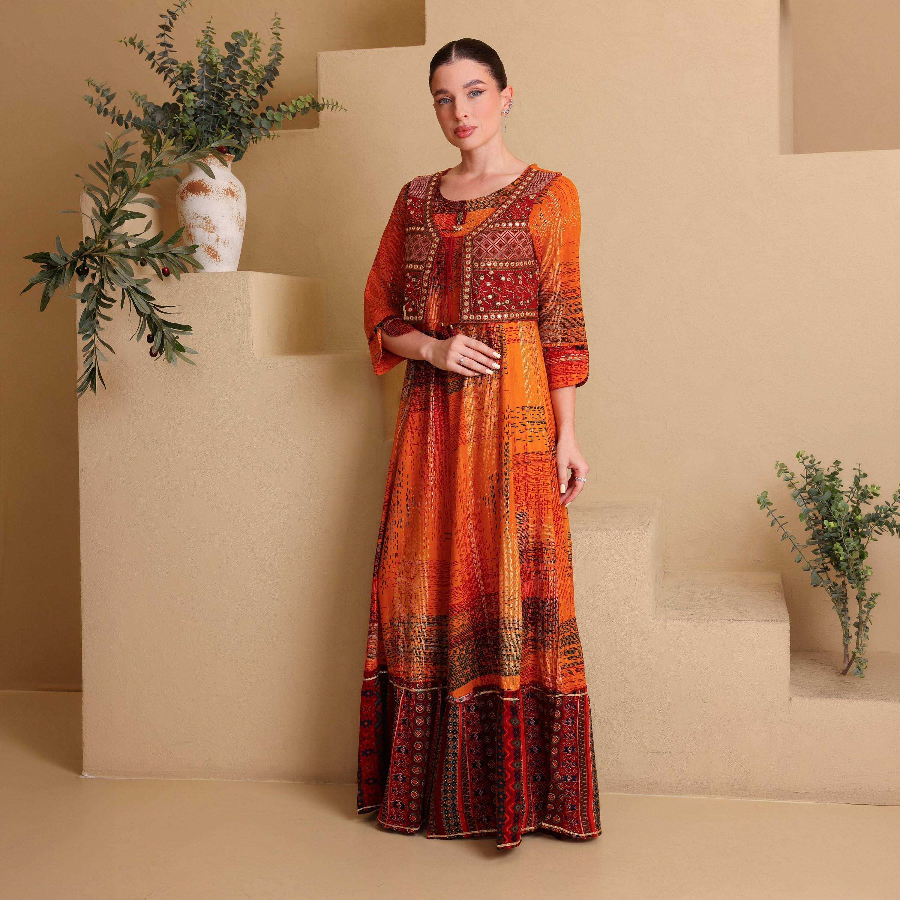 جلابية نسائية بطبقات وأكمام بأساور (كافس) مطبوعة من إيككسا-women-arabicclothing-jalabiyas-image-16