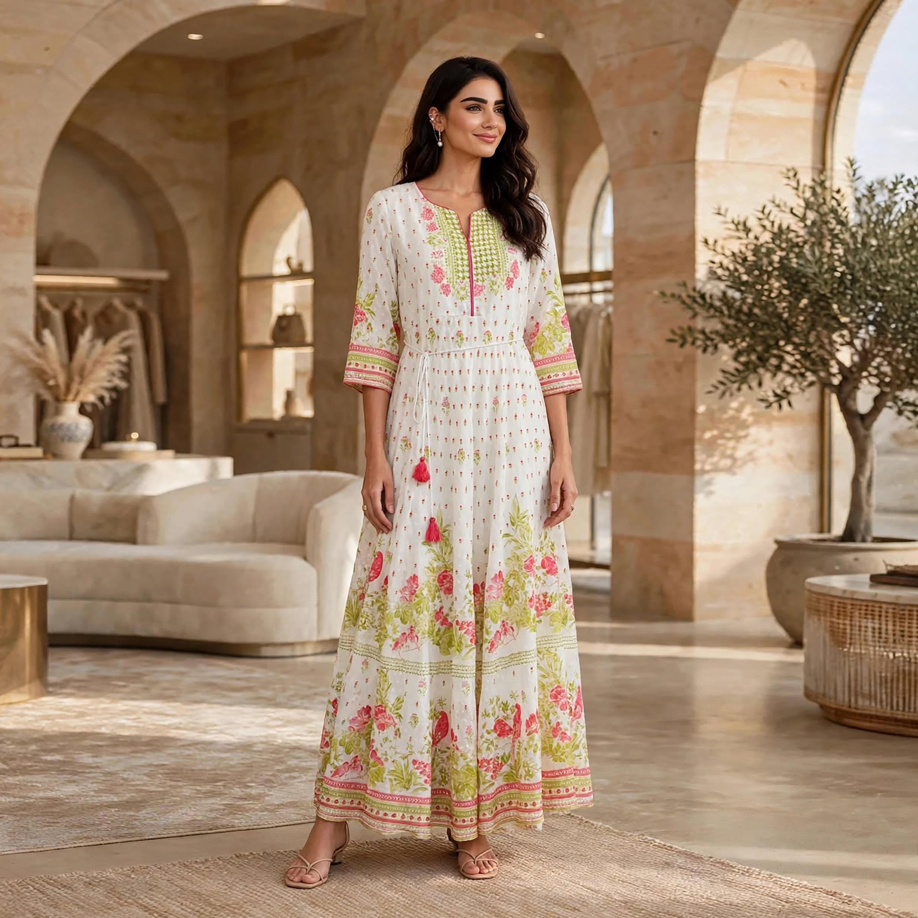 فستان حريمي وردي بقصة ضيقة من الأعلى وواسعة من الأسفل بطبعة زهور من إيككسا-women-clothing-dresses-image-1