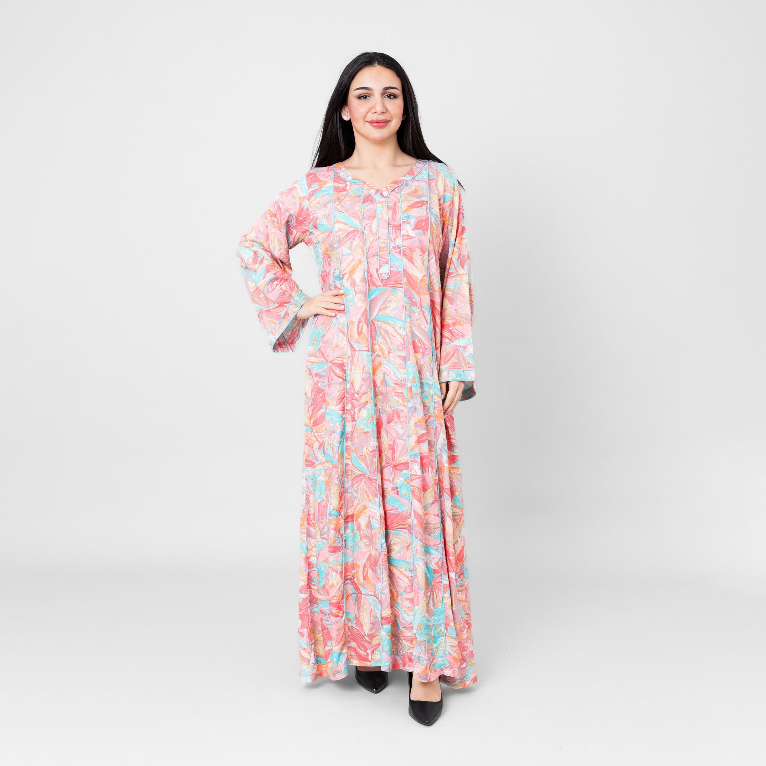 IKKXA Floral Leaf Print Flared Sleeves Women's Jalabiya-women-arabicclothing-jalabiyas-image-1