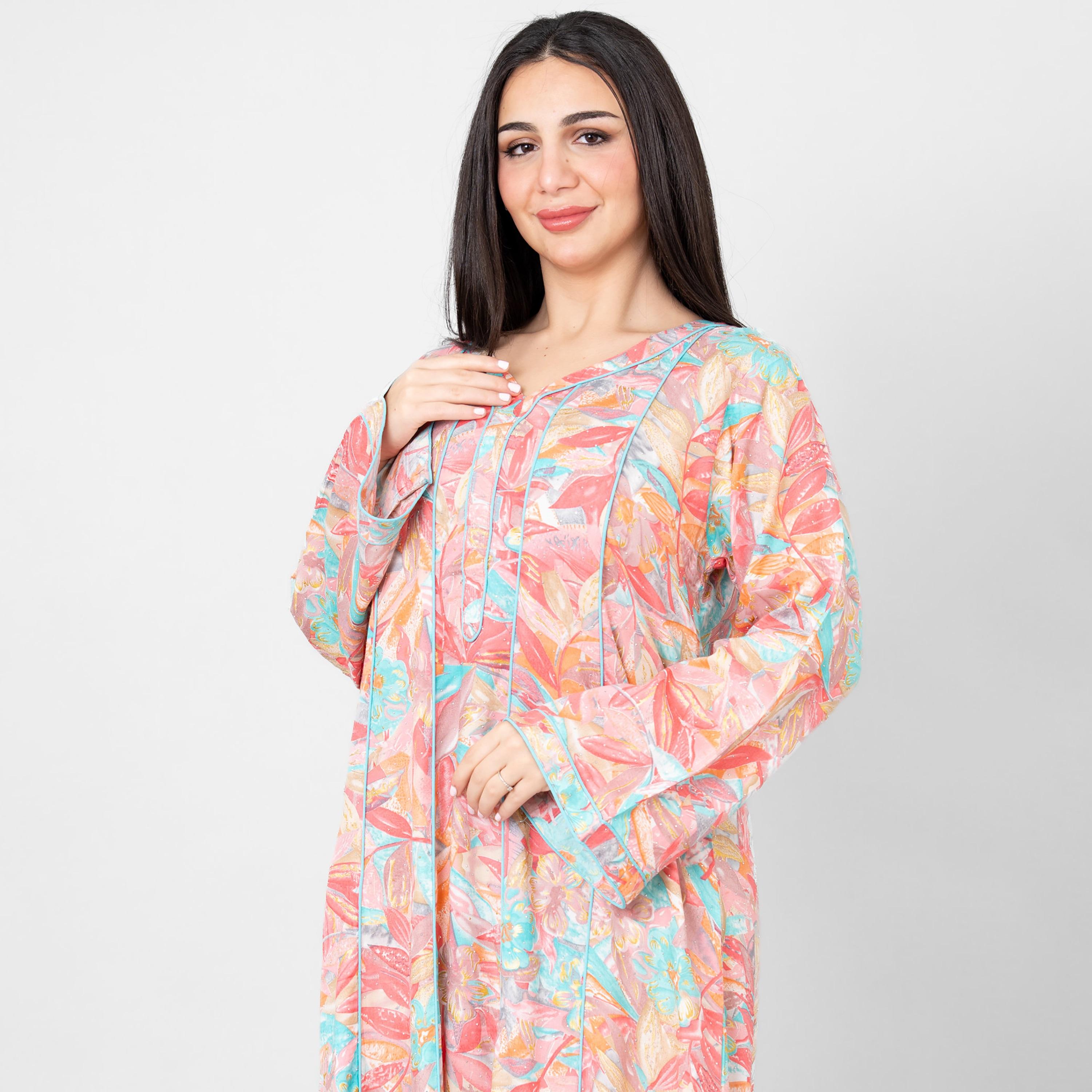 IKKXA Floral Leaf Print Flared Sleeves Women's Jalabiya-women-arabicclothing-jalabiyas-image-2