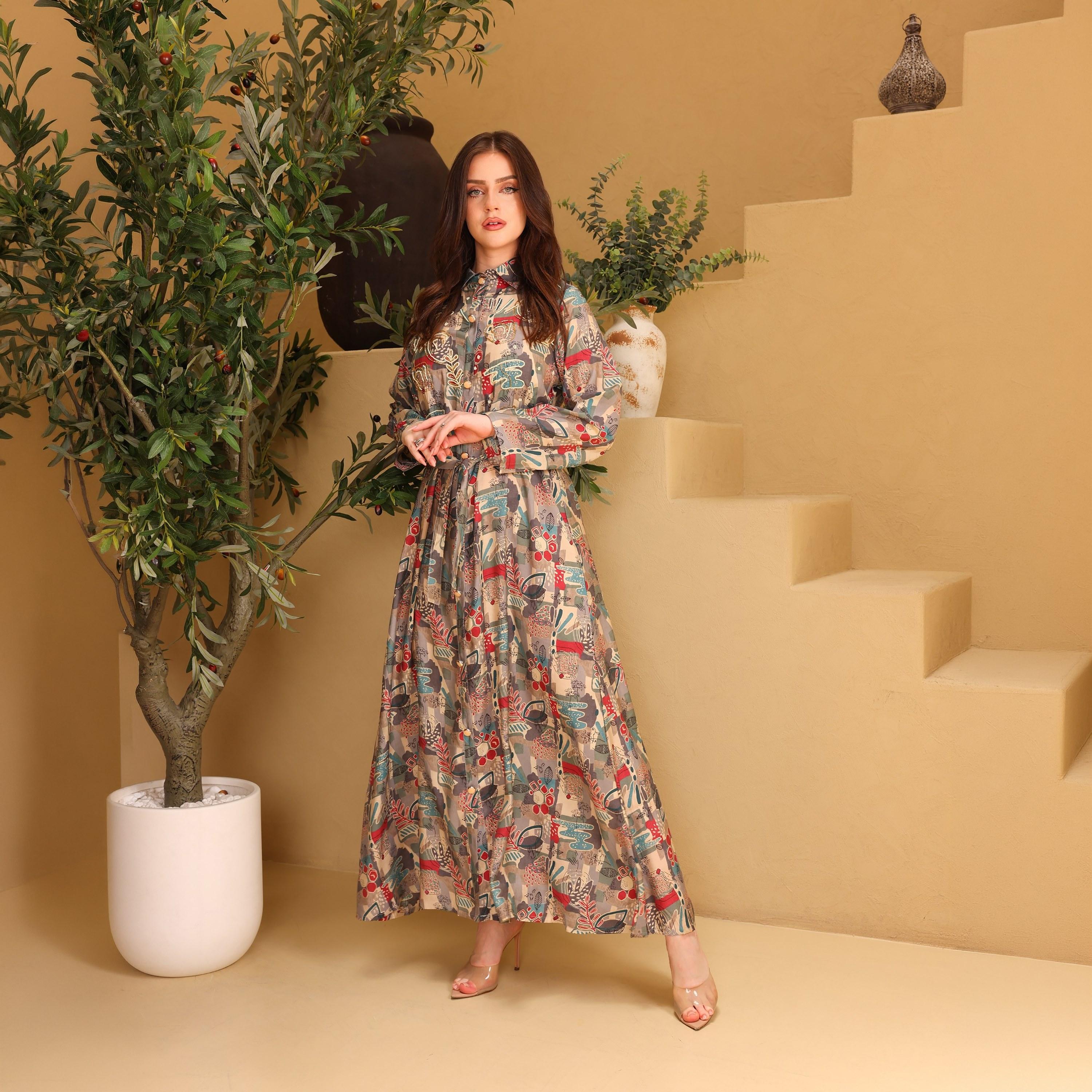IKKXA Printed & Beaded Collared Women's Shirt Style Jalabiya-women-arabicclothing-jalabiyas-image-1