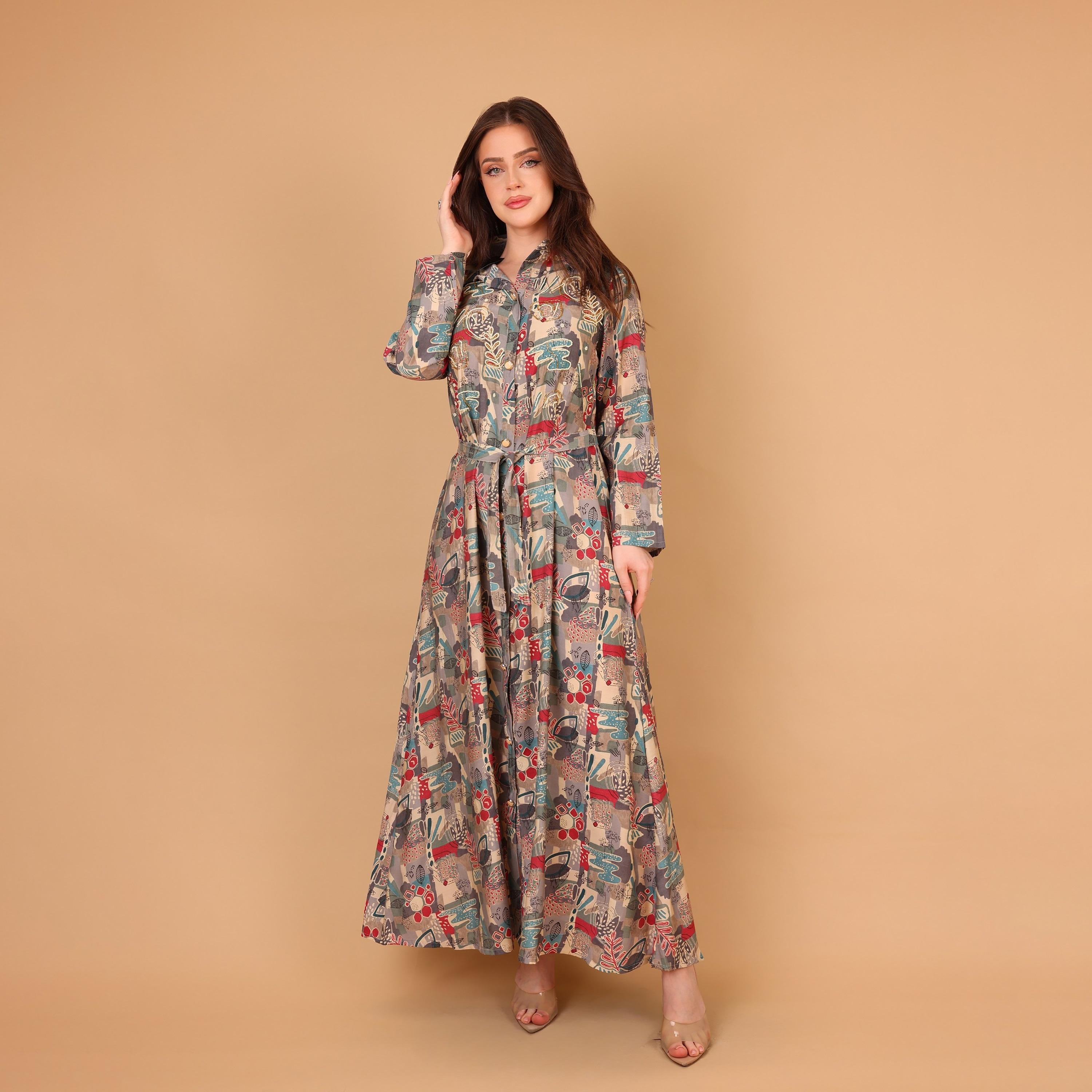 IKKXA Printed & Beaded Collared Women's Shirt Style Jalabiya-women-arabicclothing-jalabiyas-image-2
