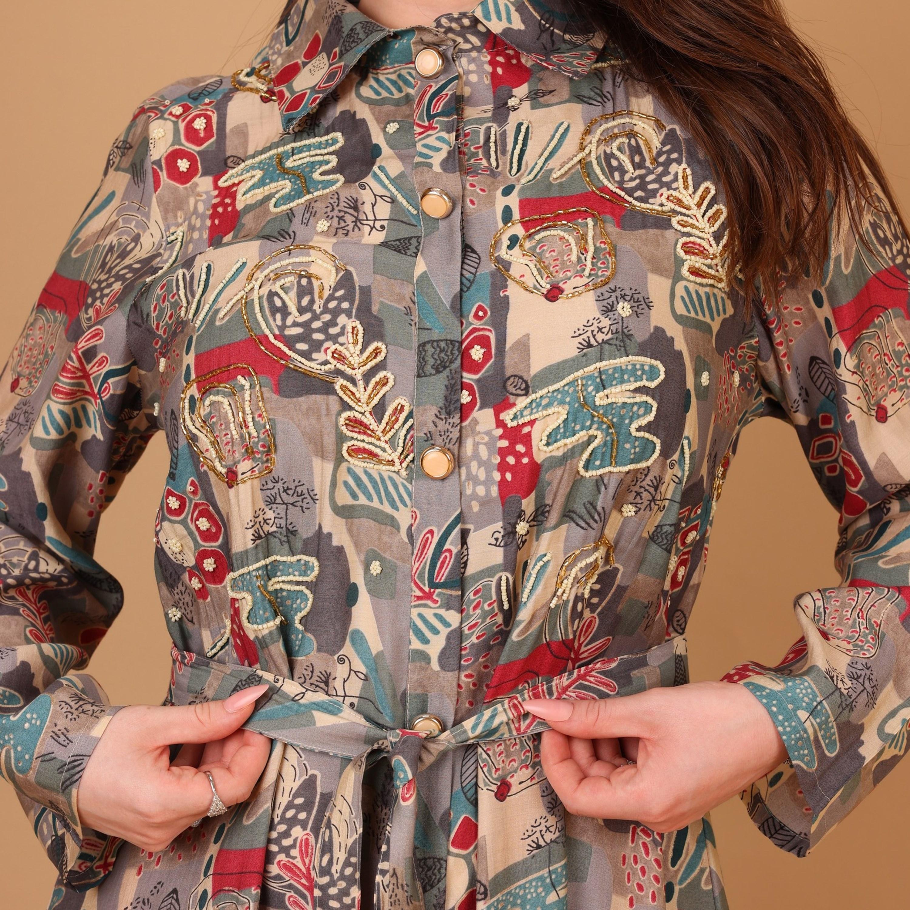IKKXA Printed & Beaded Collared Women's Shirt Style Jalabiya-women-arabicclothing-jalabiyas-image-3