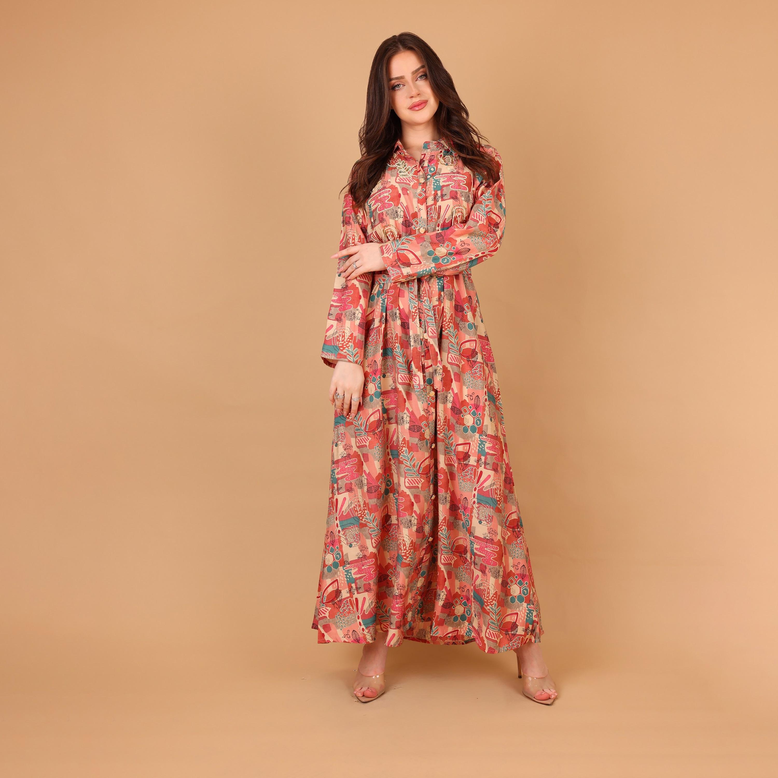 IKKXA Printed & Beaded Collared Women's Shirt Style Jalabiya-women-arabicclothing-jalabiyas-image-1