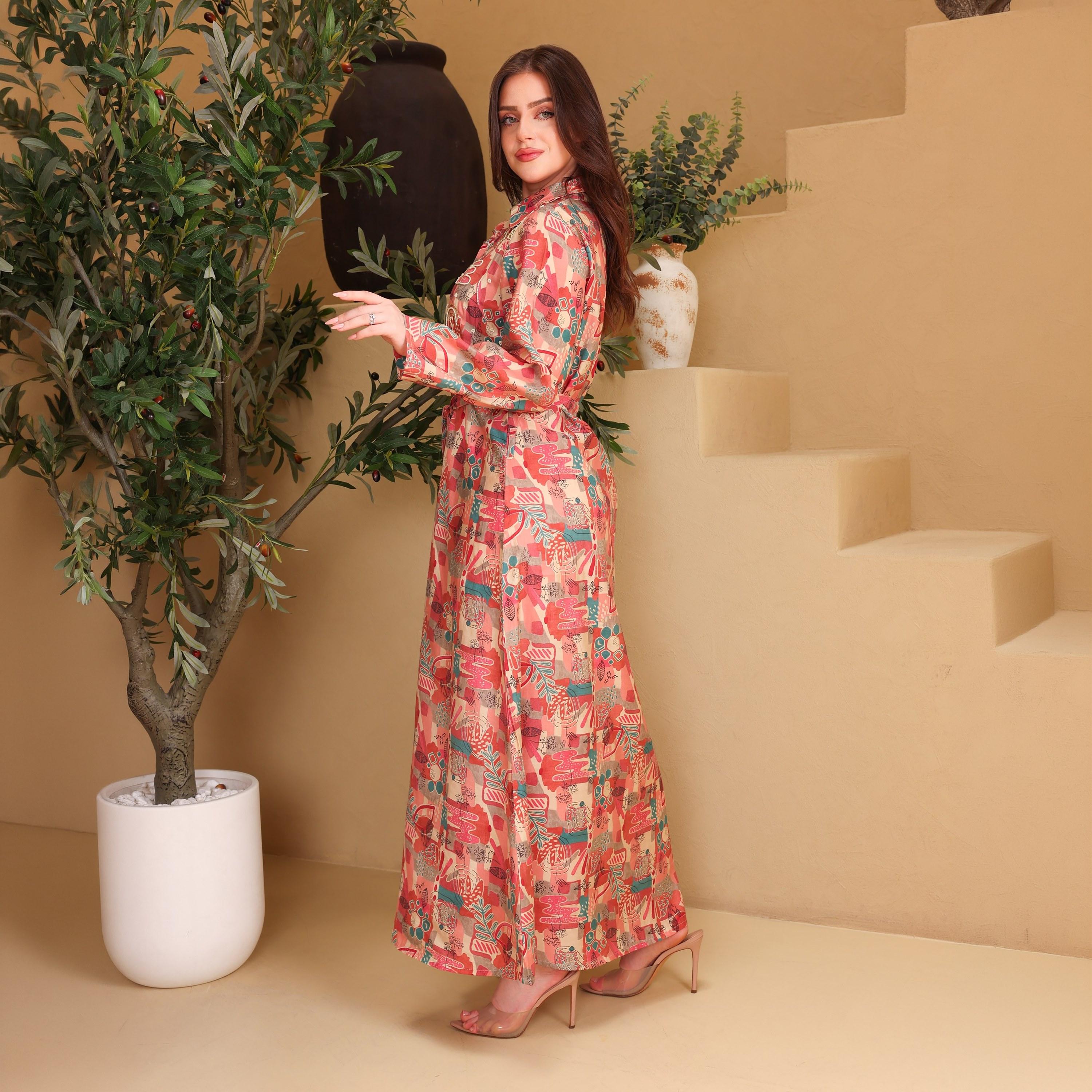 IKKXA Printed & Beaded Collared Women's Shirt Style Jalabiya-women-arabicclothing-jalabiyas-image-2